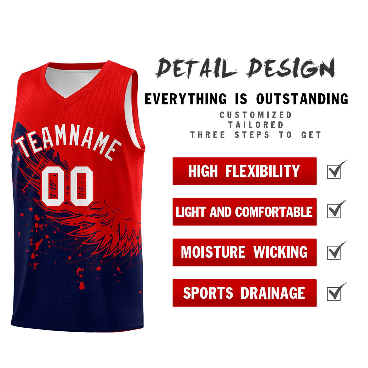Custom Navy Red Wing Pattern Sports Uniform Basketball Jersey