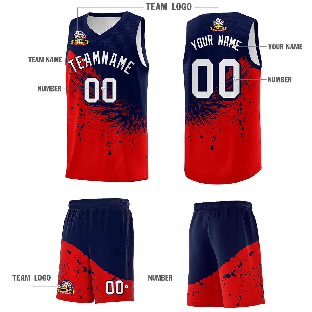 Custom Red Navy Wing Pattern Sports Uniform Basketball Jersey