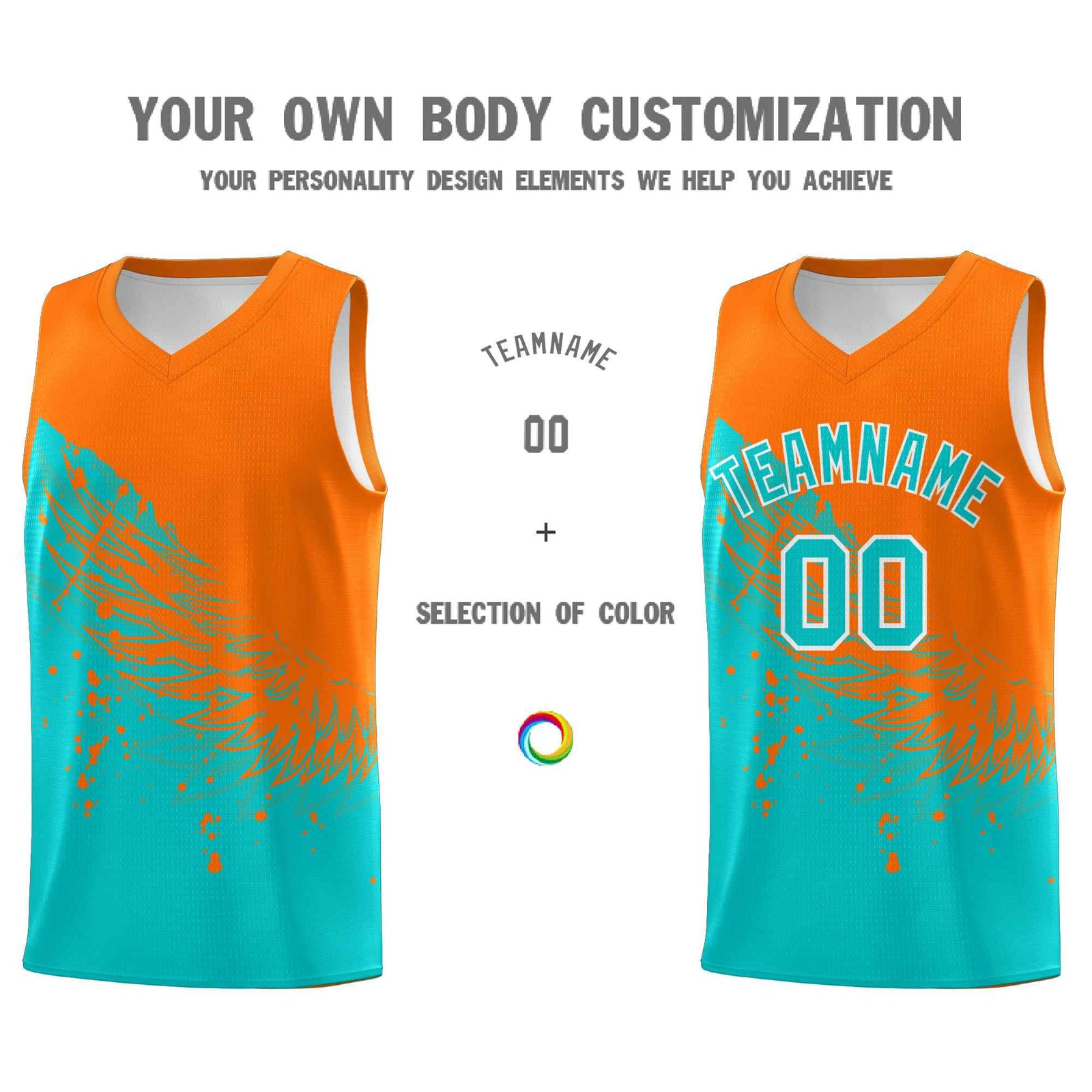 Custom Aqua Orange Wing Pattern Sports Uniform Basketball Jersey