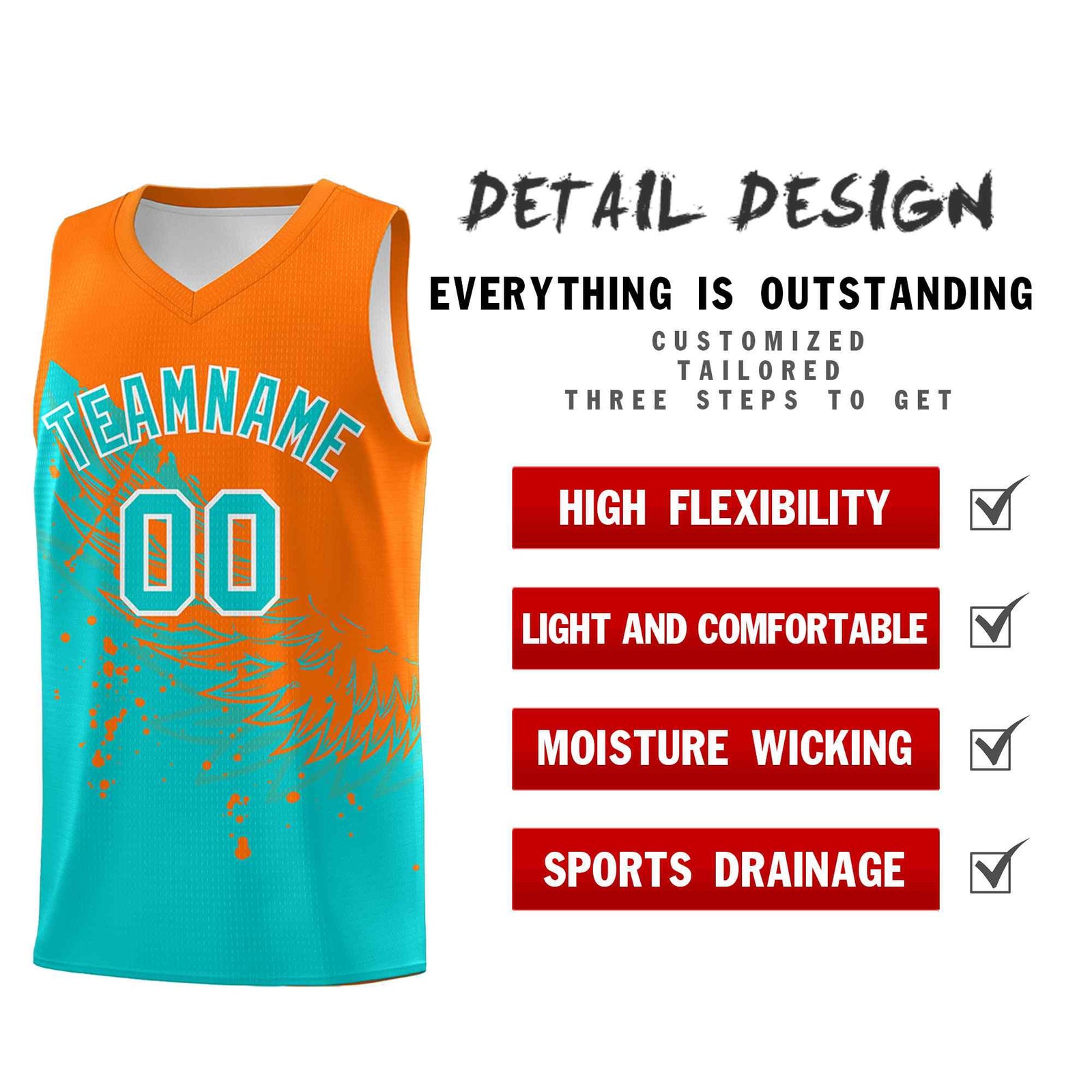 Custom Aqua Orange Wing Pattern Sports Uniform Basketball Jersey