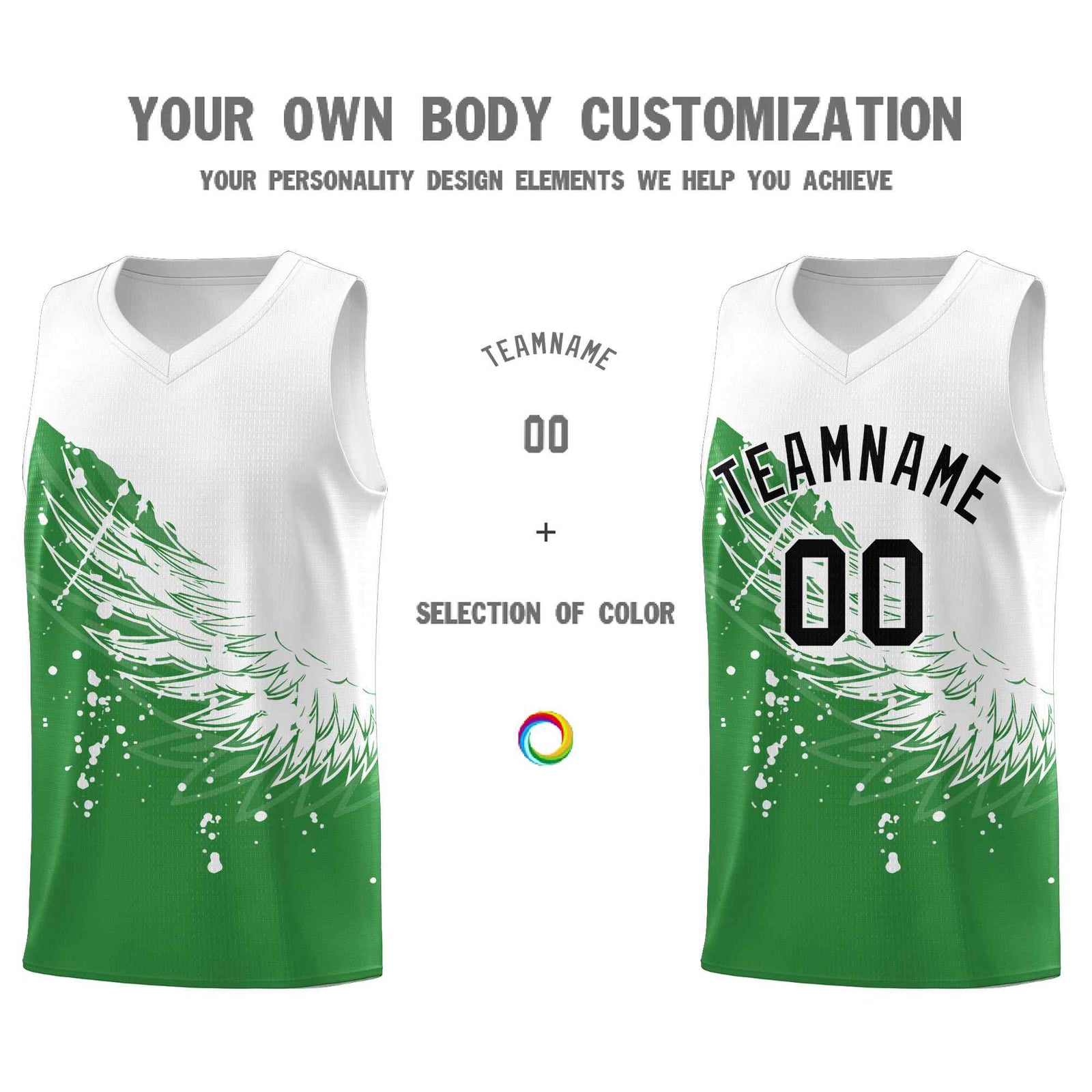 Custom Kelly Green White Wing Pattern Sports Uniform Basketball Jersey