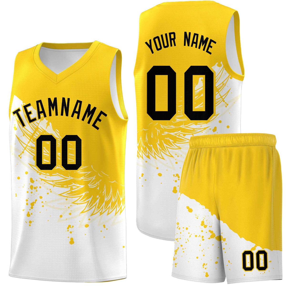 Custom White Gold Wing Pattern Sports Uniform Basketball Jersey