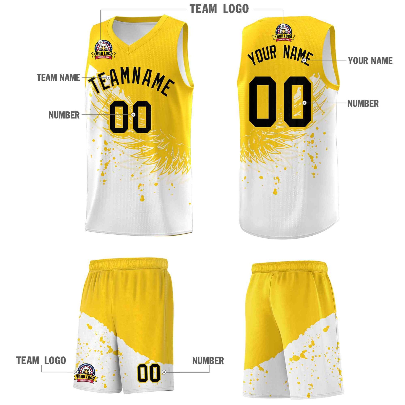 Custom White Gold Wing Pattern Sports Uniform Basketball Jersey