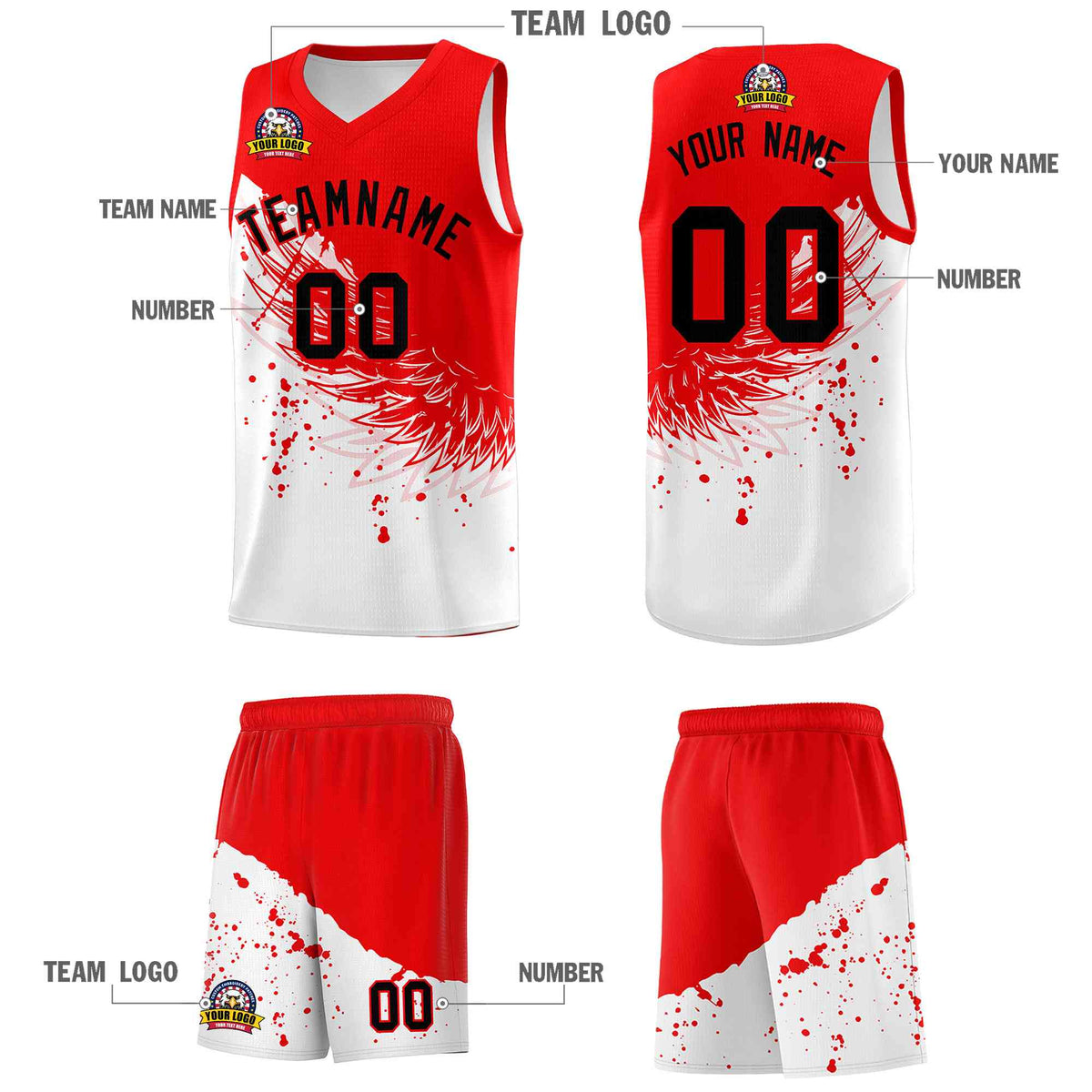 Custom White Light Red Wing Pattern Sports Uniform Basketball Jersey