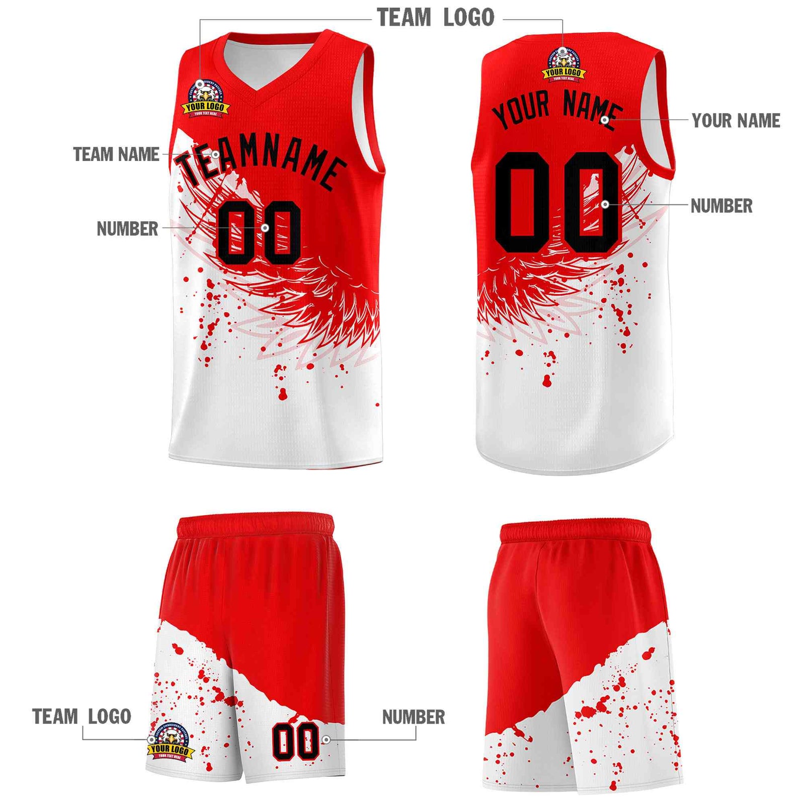 Custom White Light Red Wing Pattern Sports Uniform Basketball Jersey