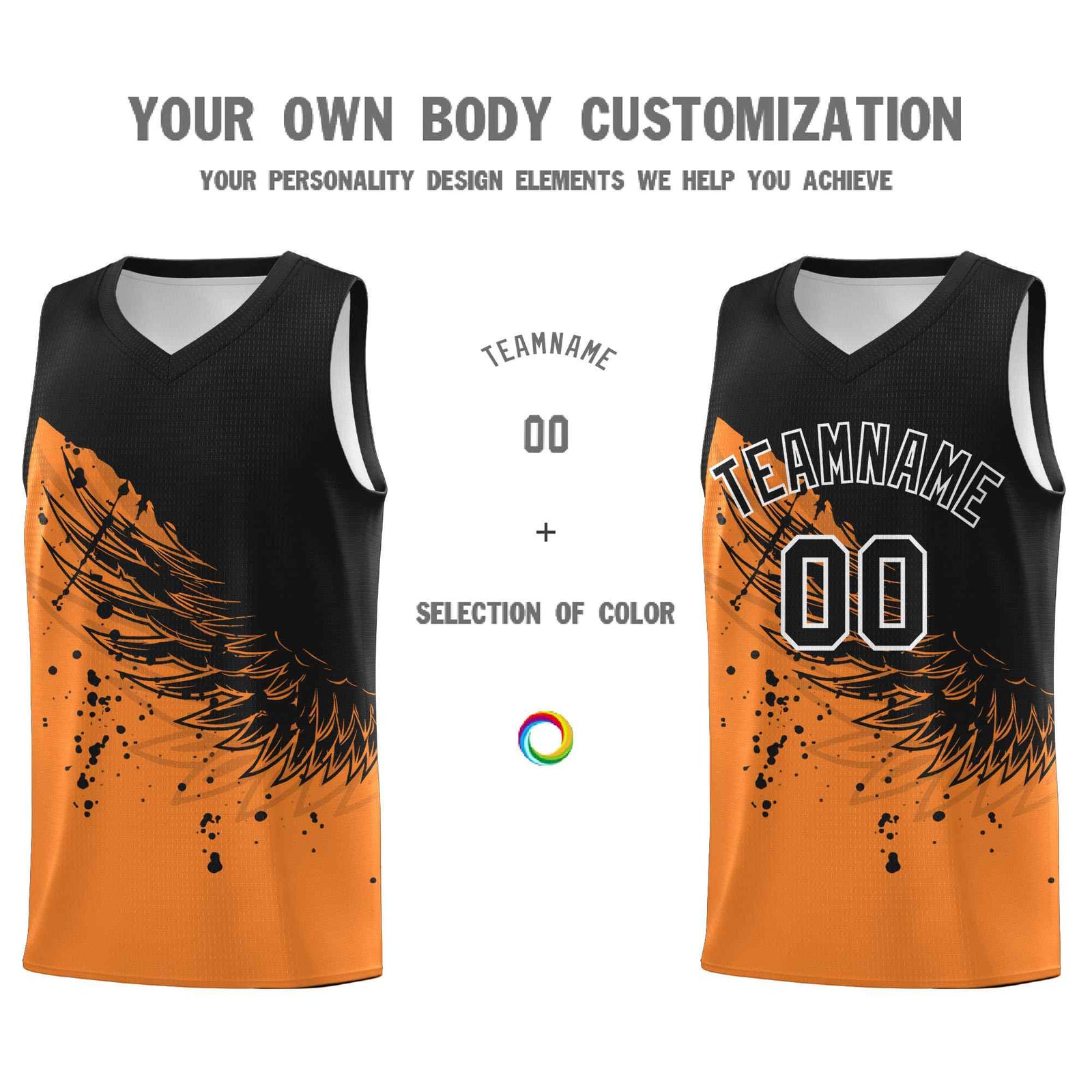 Custom Gold Orange Black Wing Pattern Sports Uniform Basketball Jersey