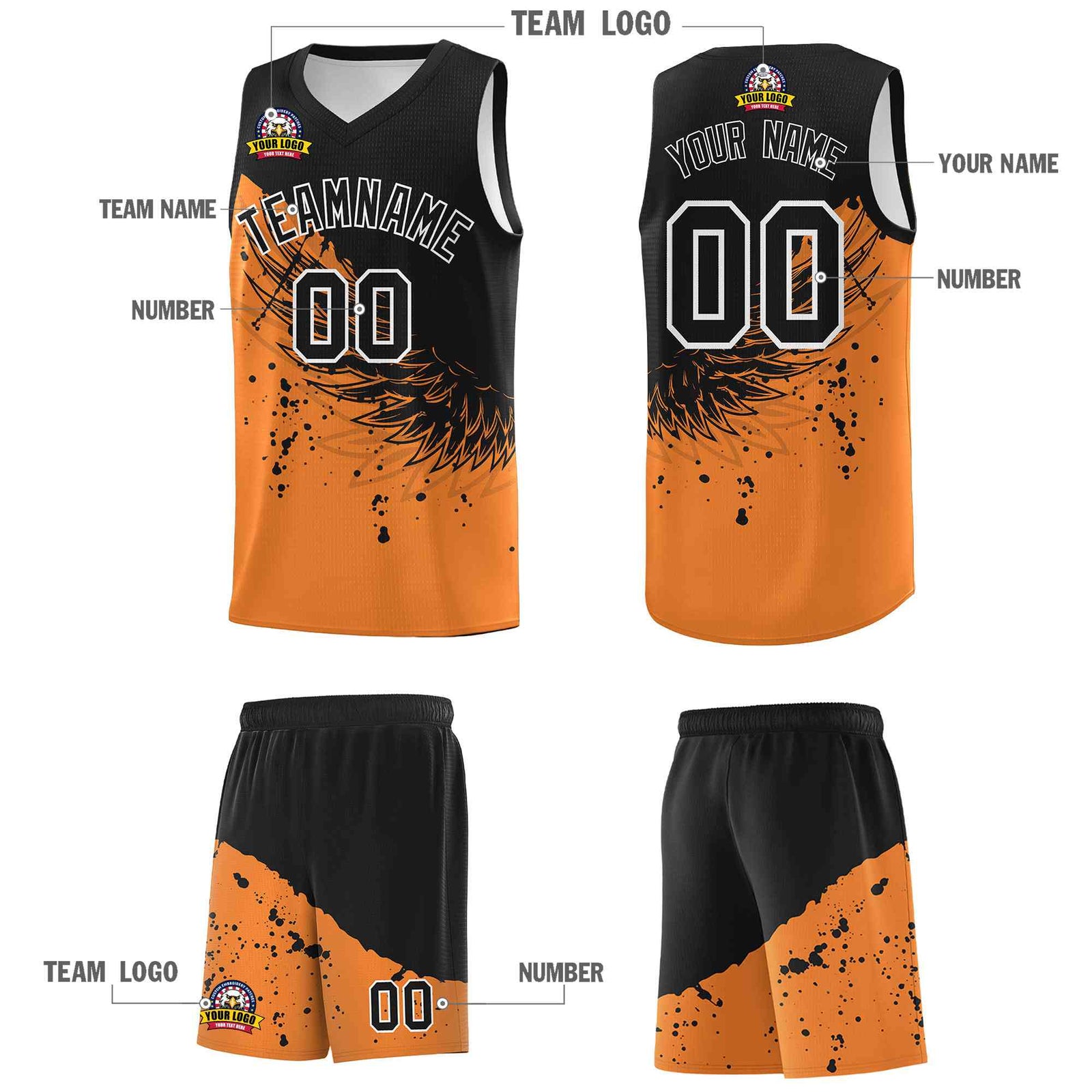 Custom Gold Orange Black Wing Pattern Sports Uniform Basketball Jersey