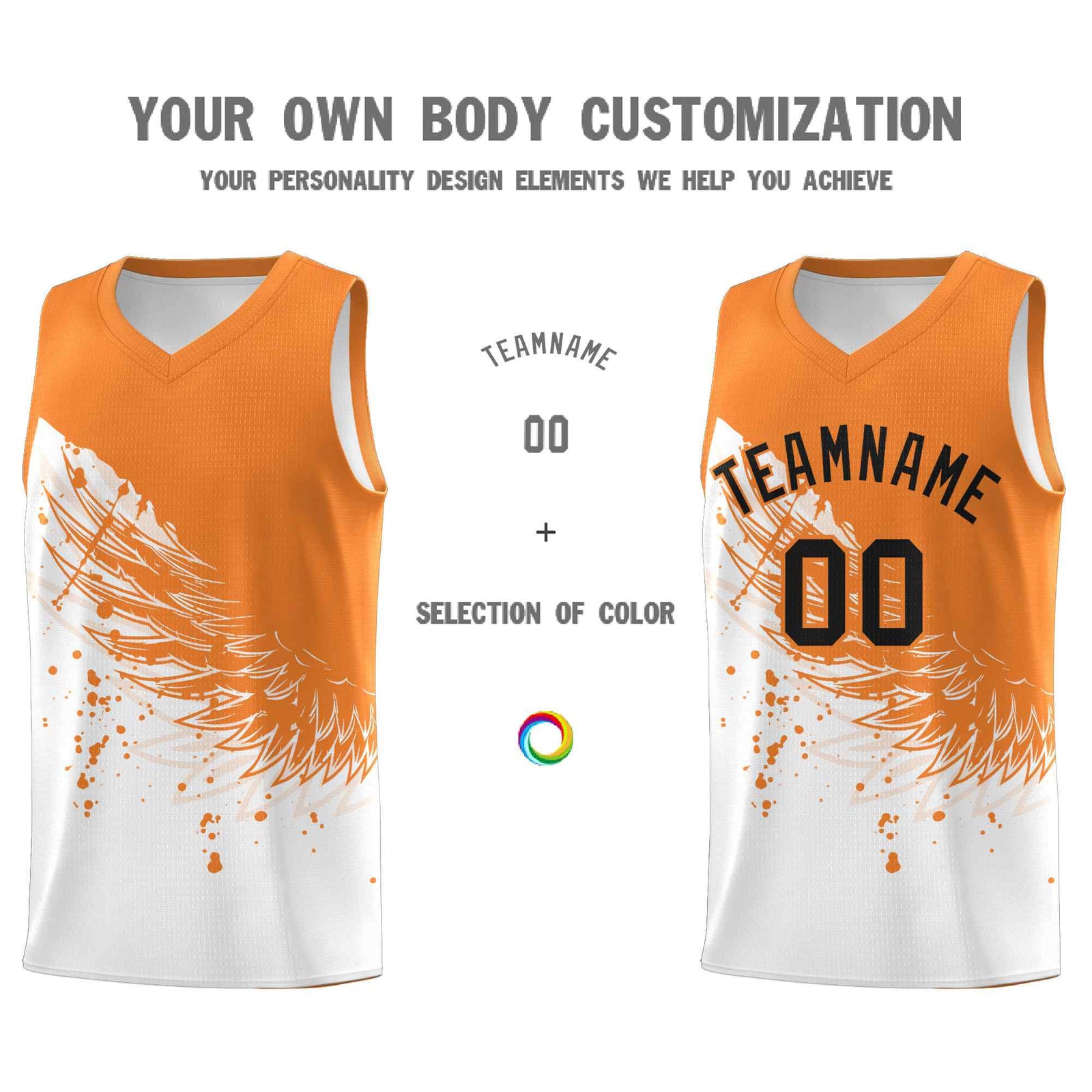 Custom White Gold Orange Wing Pattern Sports Uniform Basketball Jersey