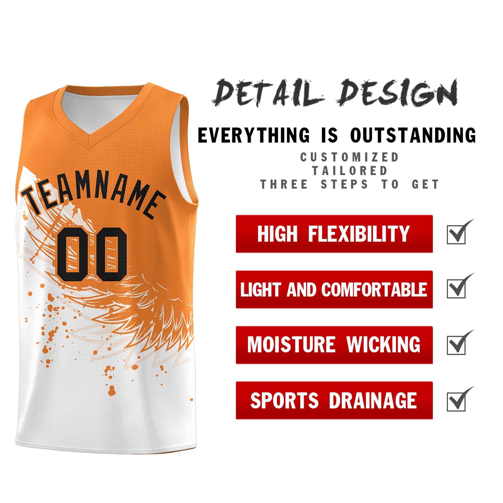 Custom White Gold Orange Wing Pattern Sports Uniform Basketball Jersey