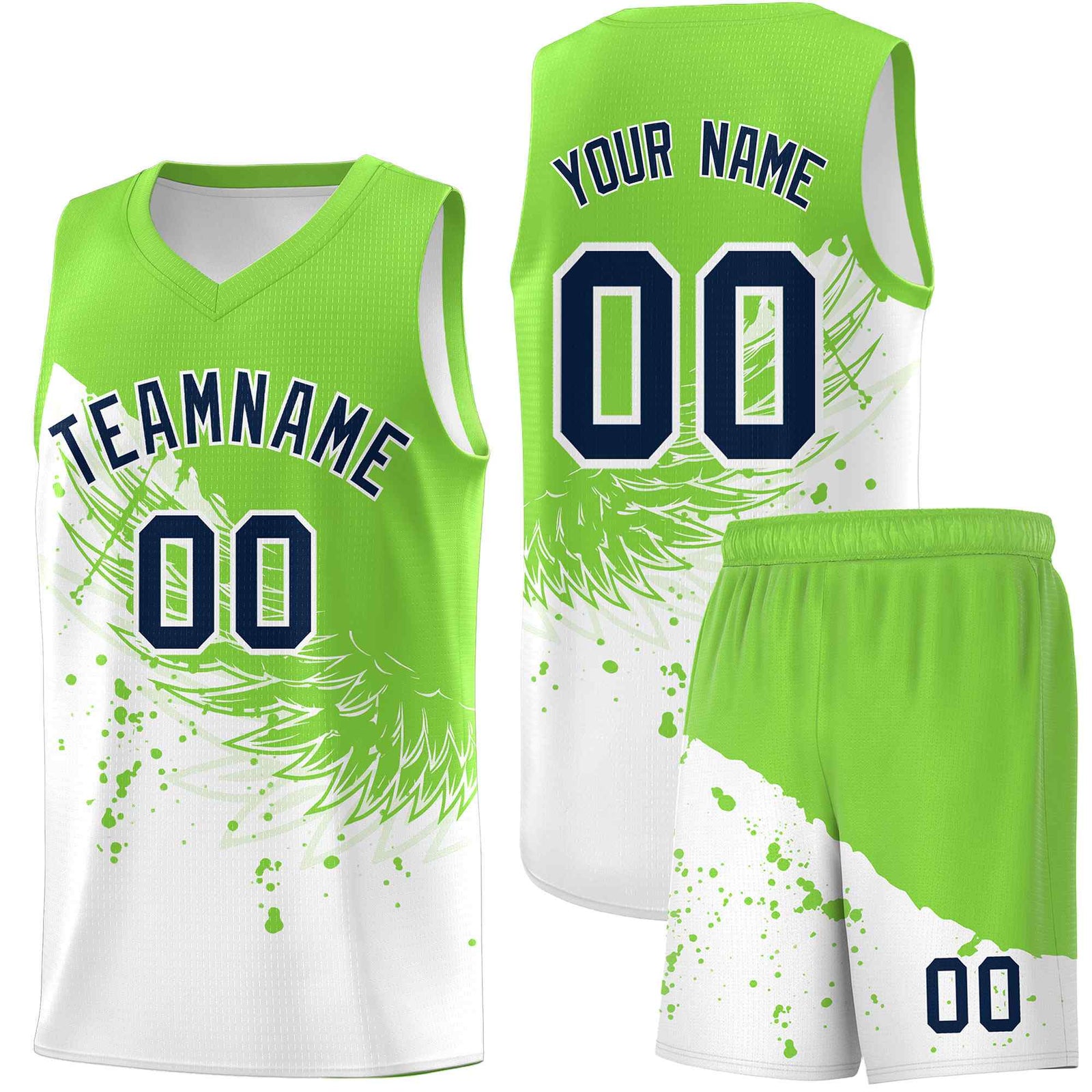 Custom White Fluorescent Green Wing Pattern Sports Uniform Basketball Jersey