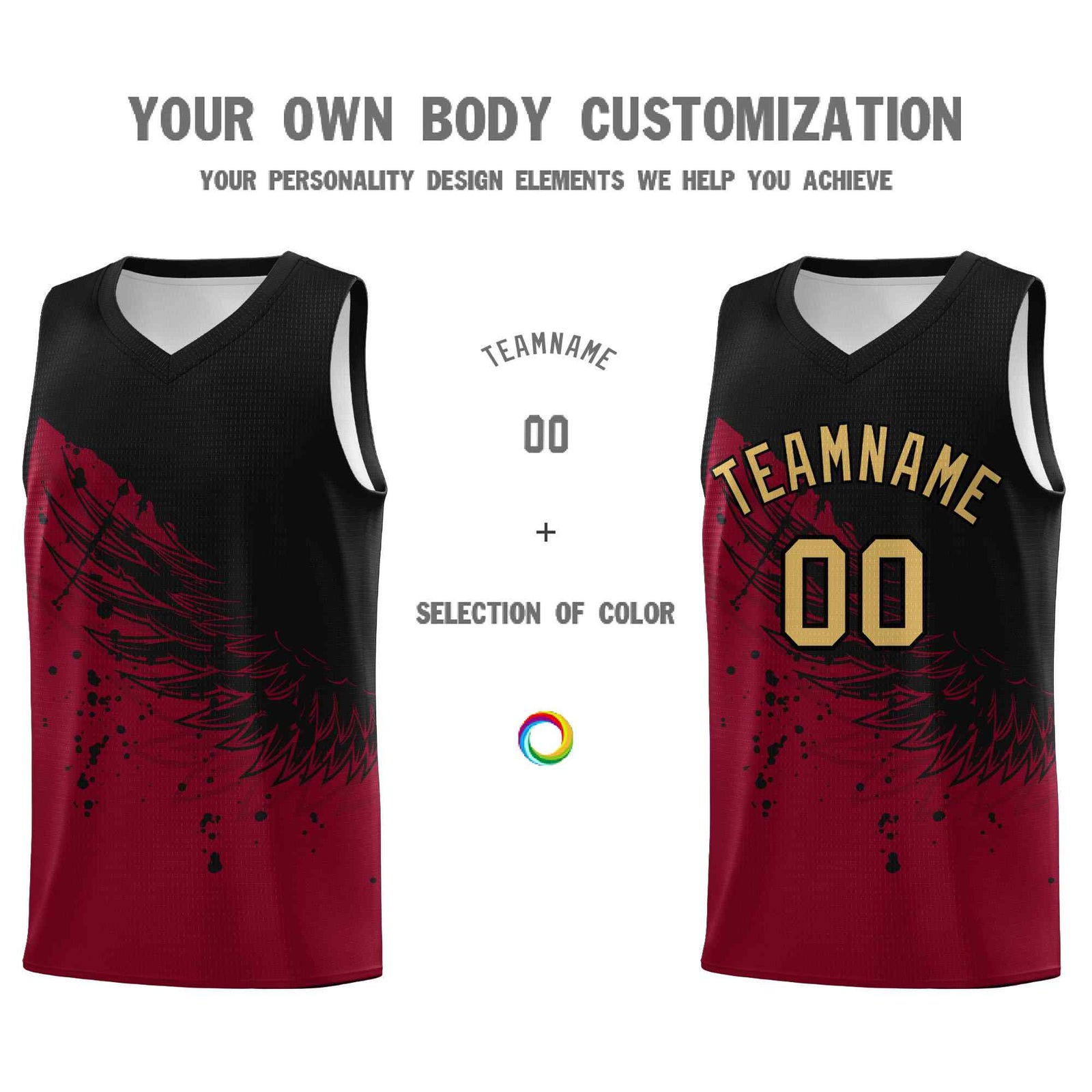 Custom Crimson Black Wing Pattern Sports Uniform Basketball Jersey
