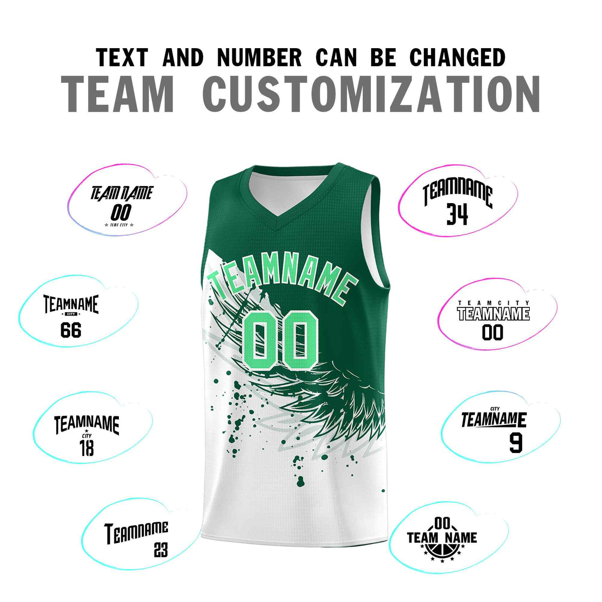 Custom White Kelly Green Wing Pattern Sports Uniform Basketball Jersey