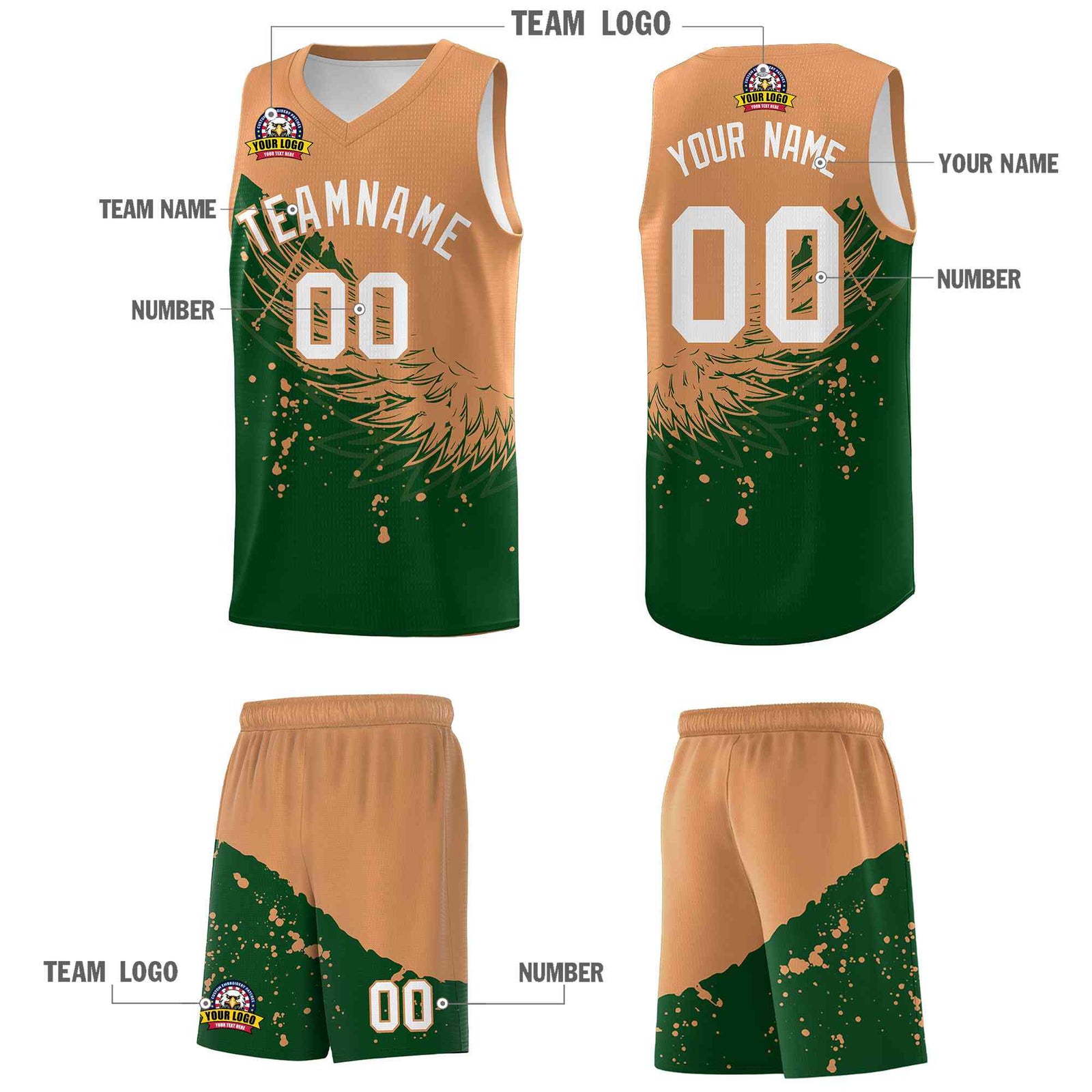 Custom Green Buckskin Brown Wing Pattern Sports Uniform Basketball Jersey