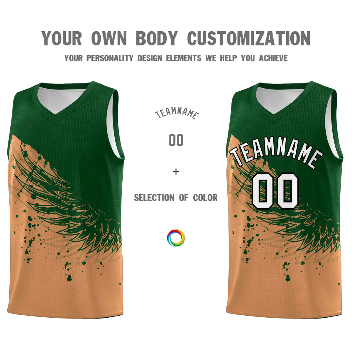 Custom Buckskin Brown Green Wing Pattern Sports Uniform Basketball Jersey