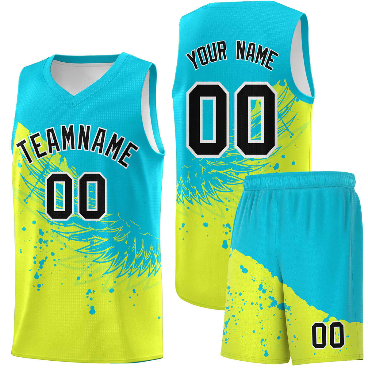 Custom Fluorescent Green Sky Blue Wing Pattern Sports Uniform Basketball Jersey