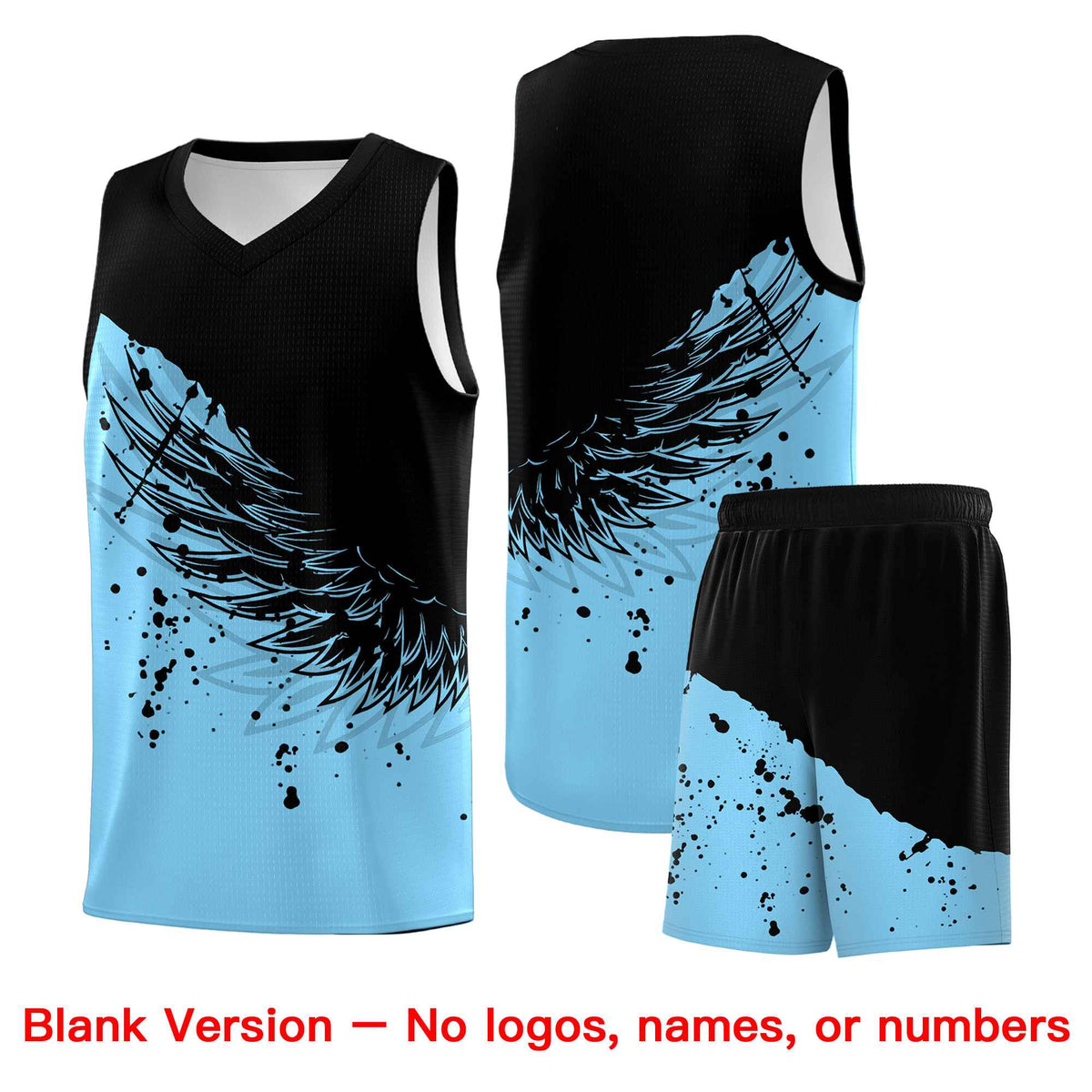 Custom Light Blue Black Wing Pattern Sports Uniform Basketball Jersey