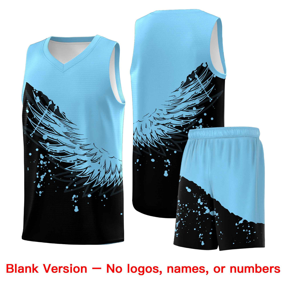 Custom Black Light Blue Wing Pattern Sports Uniform Basketball Jersey