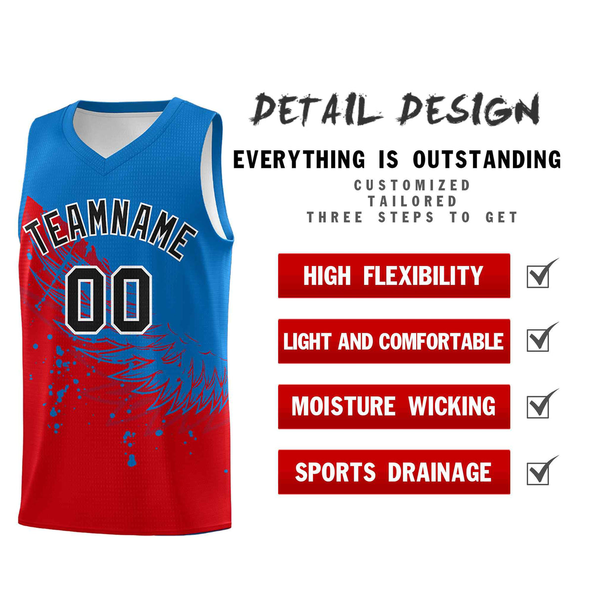 Custom Red Royal Wing Pattern Sports Uniform Basketball Jersey