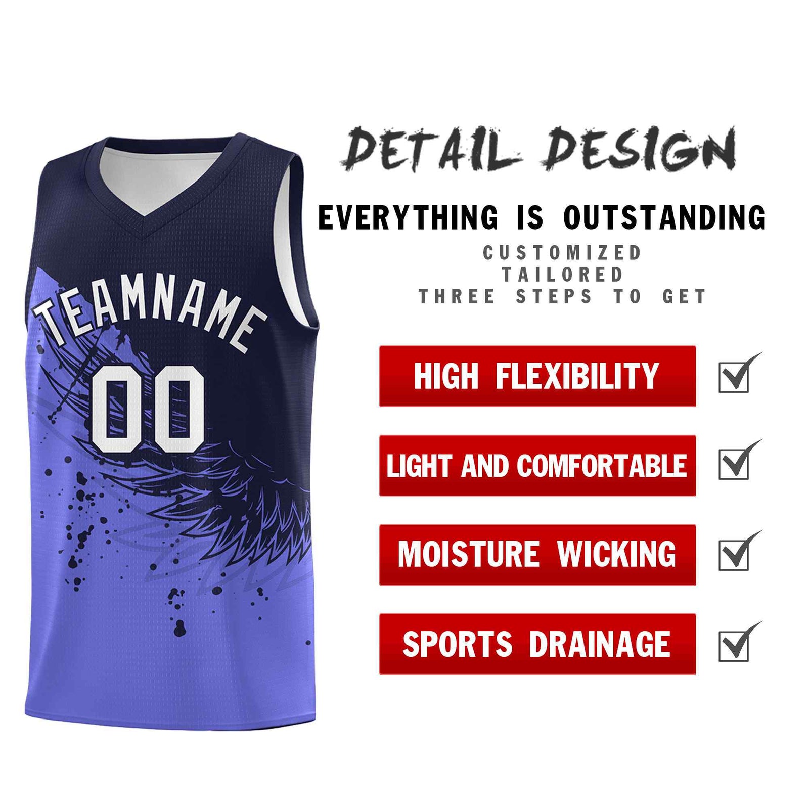 Custom Purple Navy Wing Pattern Sports Uniform Basketball Jersey
