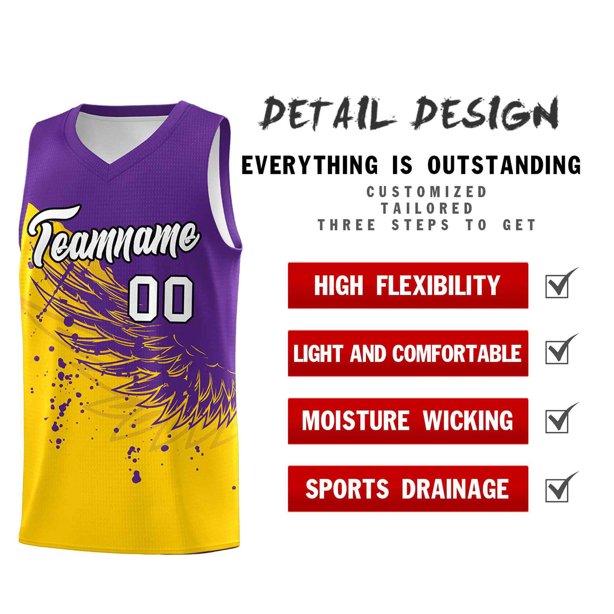 Custom Gold Purple Wing Pattern Sports Uniform Basketball Jersey