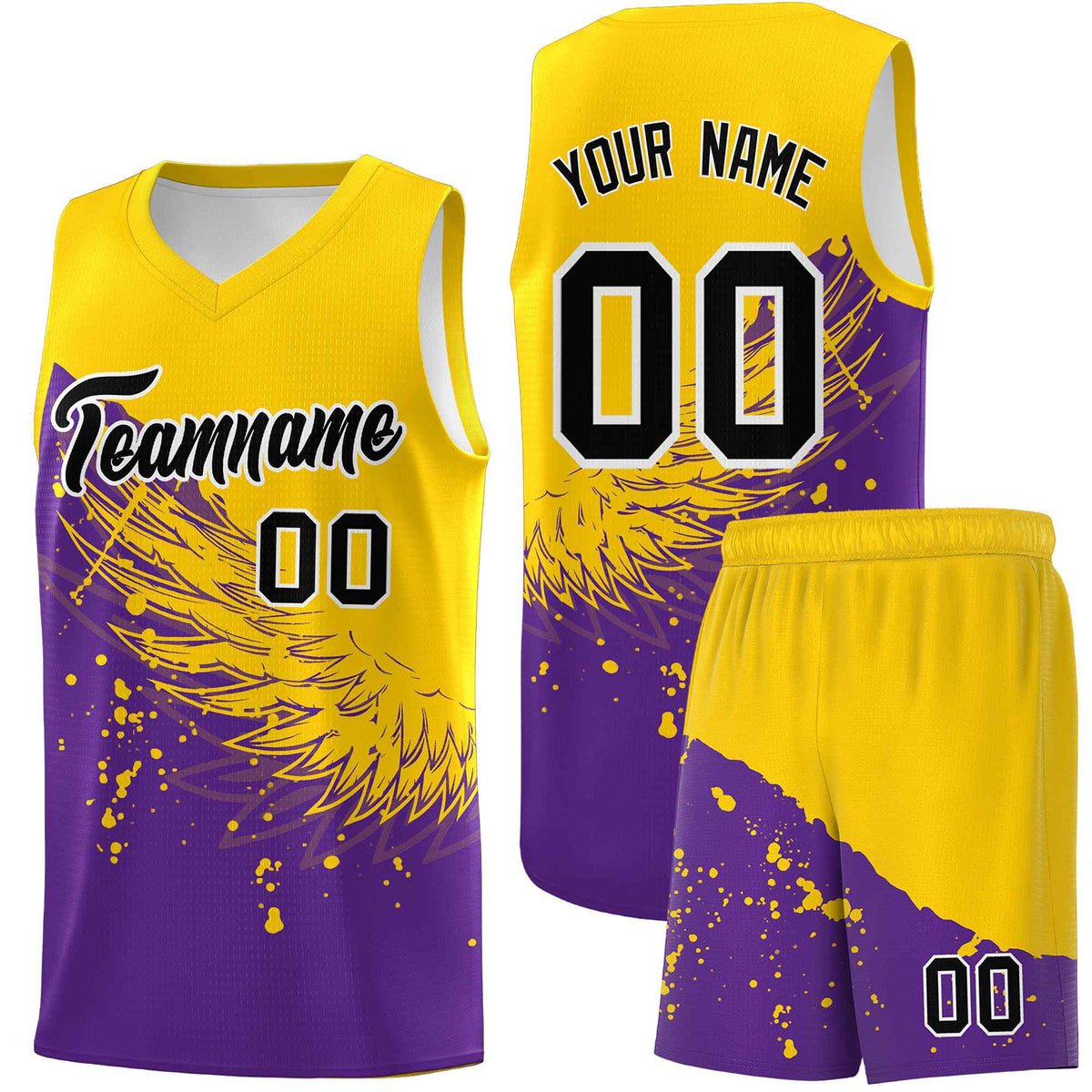 Custom Purple Gold Wing Pattern Sports Uniform Basketball Jersey