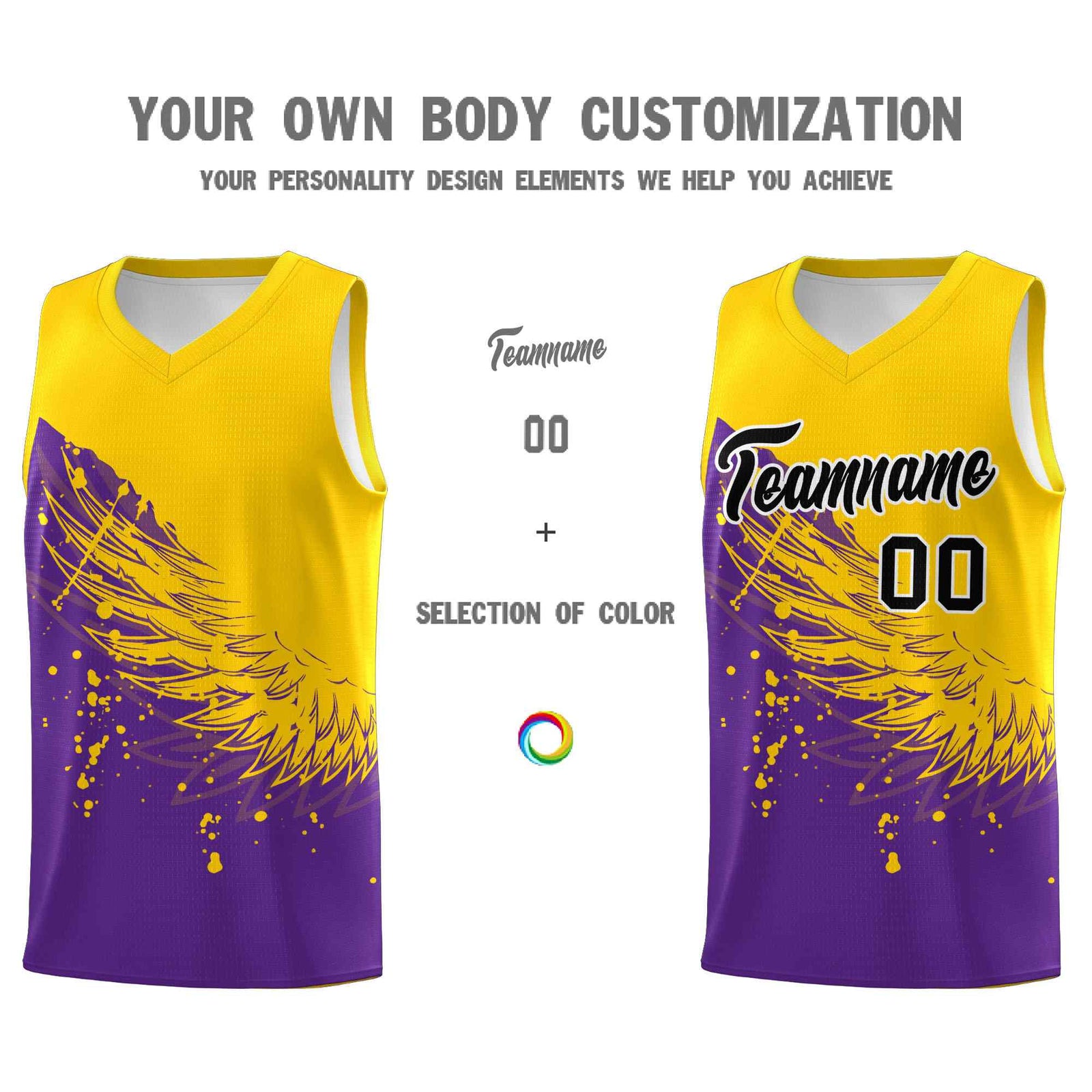 Custom Purple Gold Wing Pattern Sports Uniform Basketball Jersey
