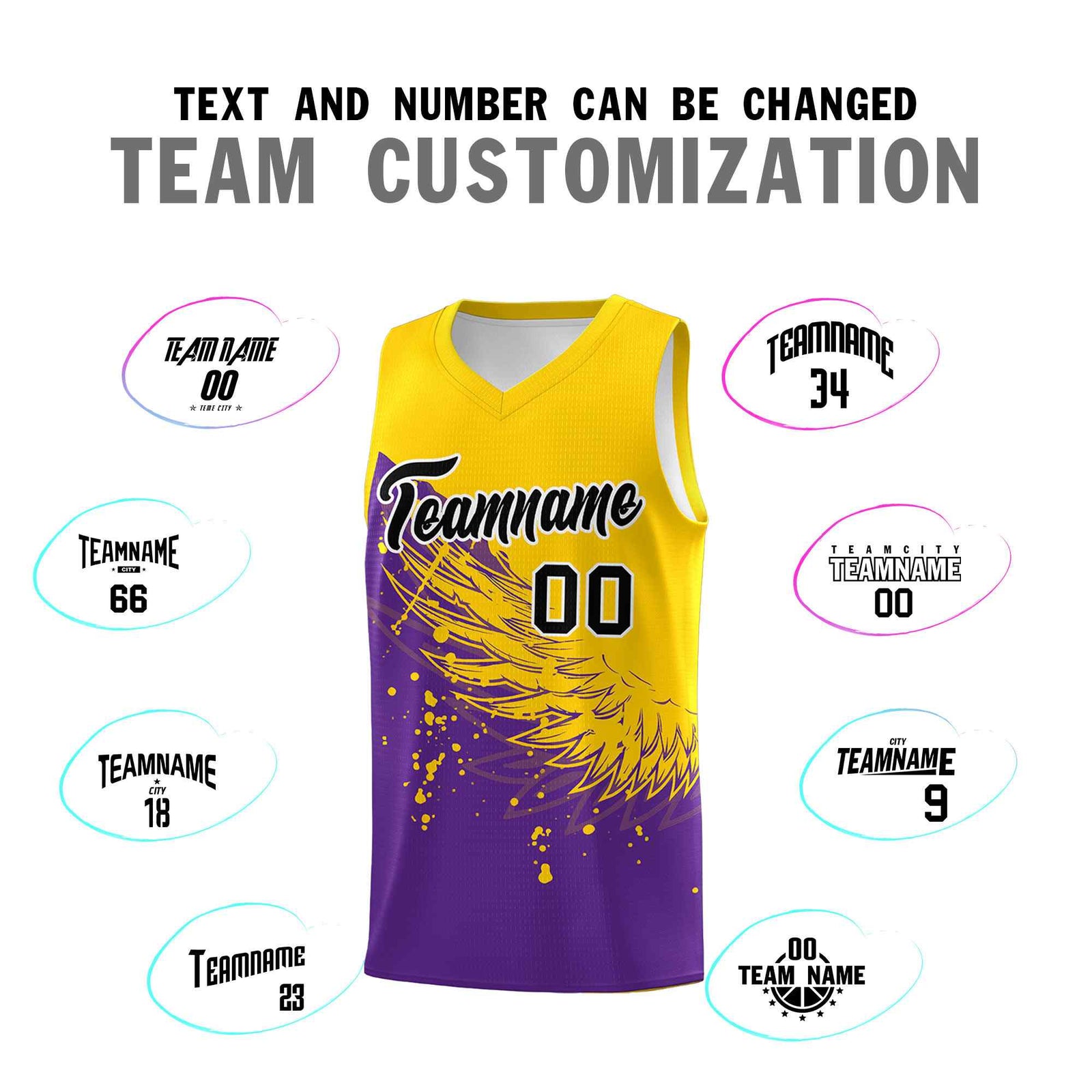 Custom Purple Gold Wing Pattern Sports Uniform Basketball Jersey