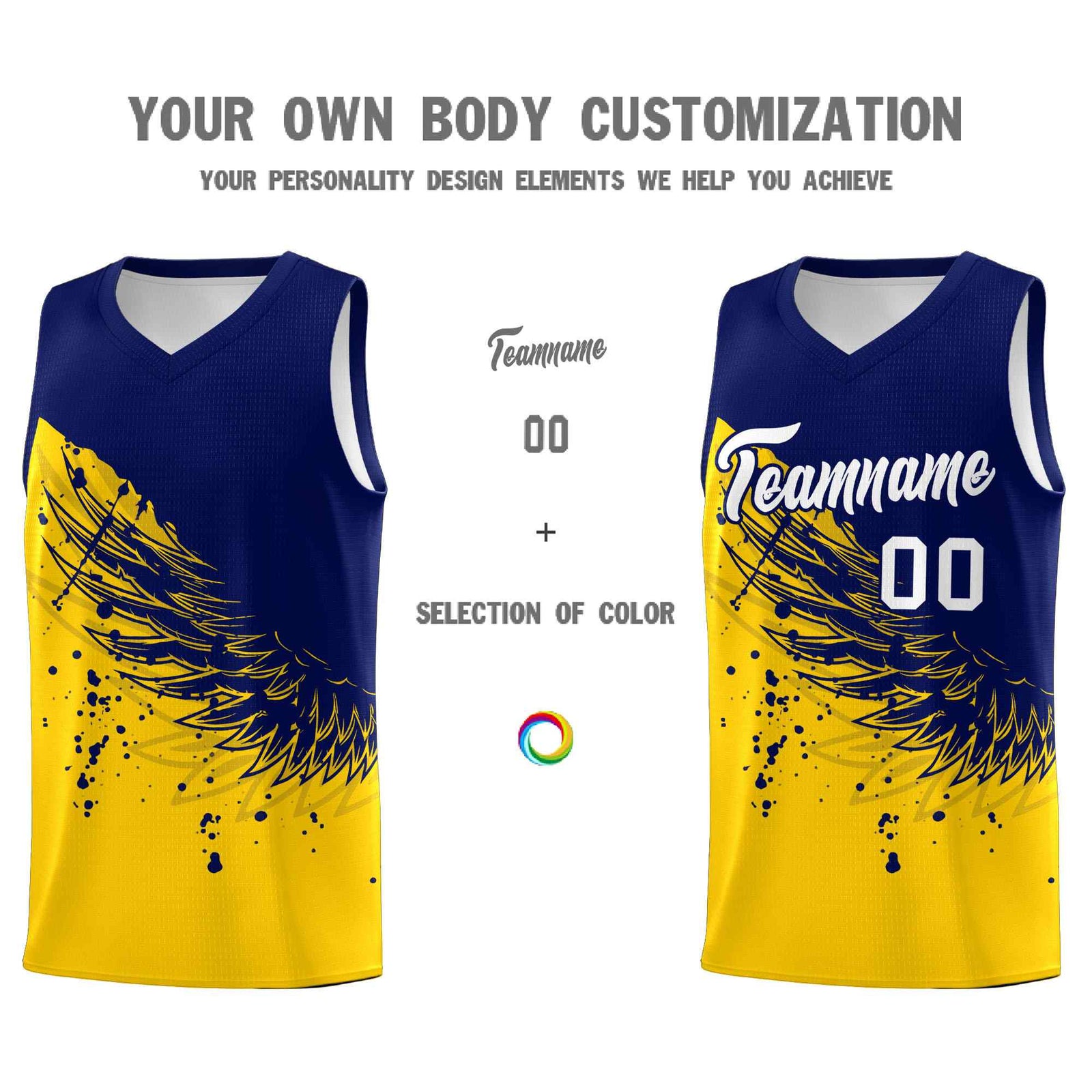 Custom Gold Navy Wing Pattern Sports Uniform Basketball Jersey