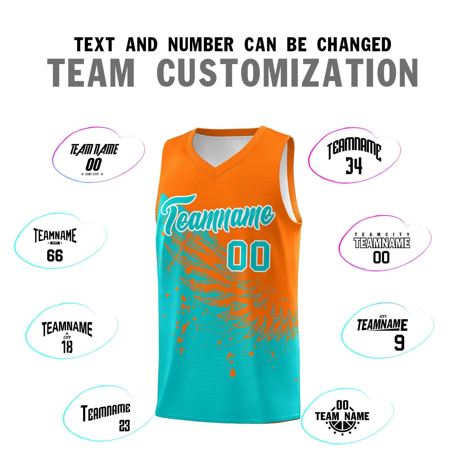 Custom Aqua Orange Wing Pattern Sports Uniform Basketball Jersey
