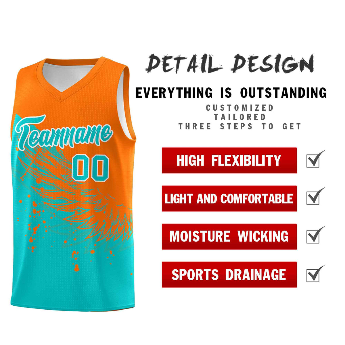 Custom Aqua Orange Wing Pattern Sports Uniform Basketball Jersey