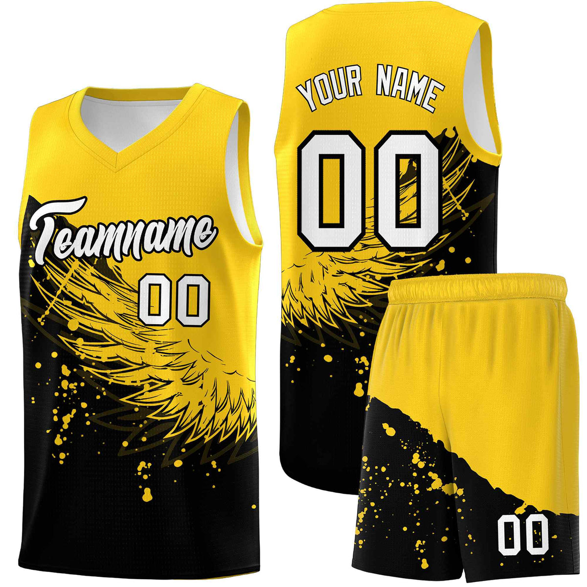 Custom Black Gold Wing Pattern Sports Uniform Basketball Jersey