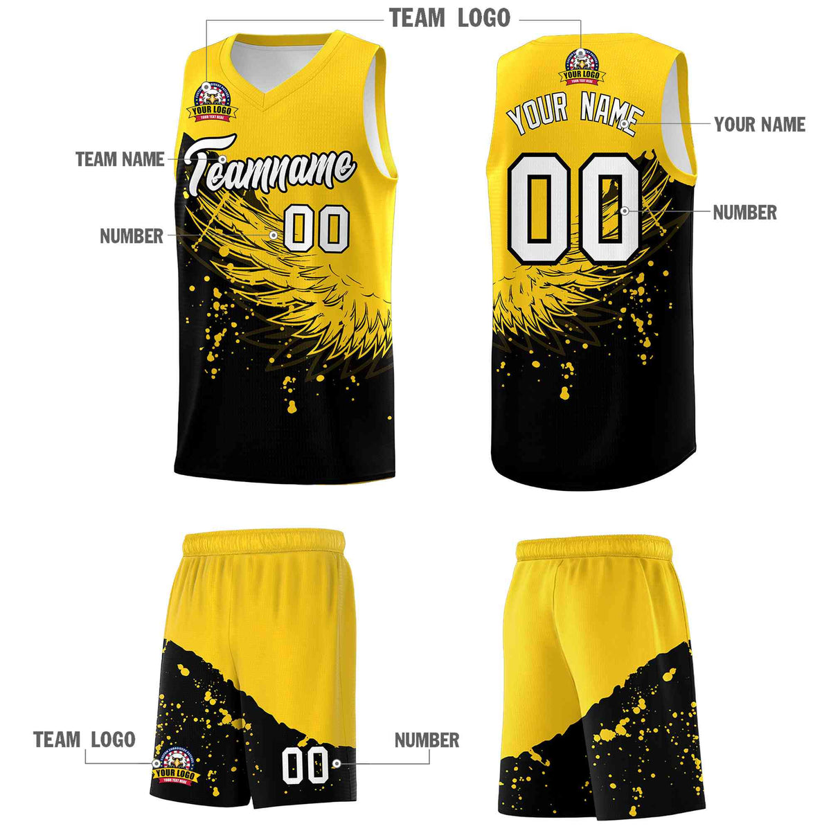 Custom Black Gold Wing Pattern Sports Uniform Basketball Jersey