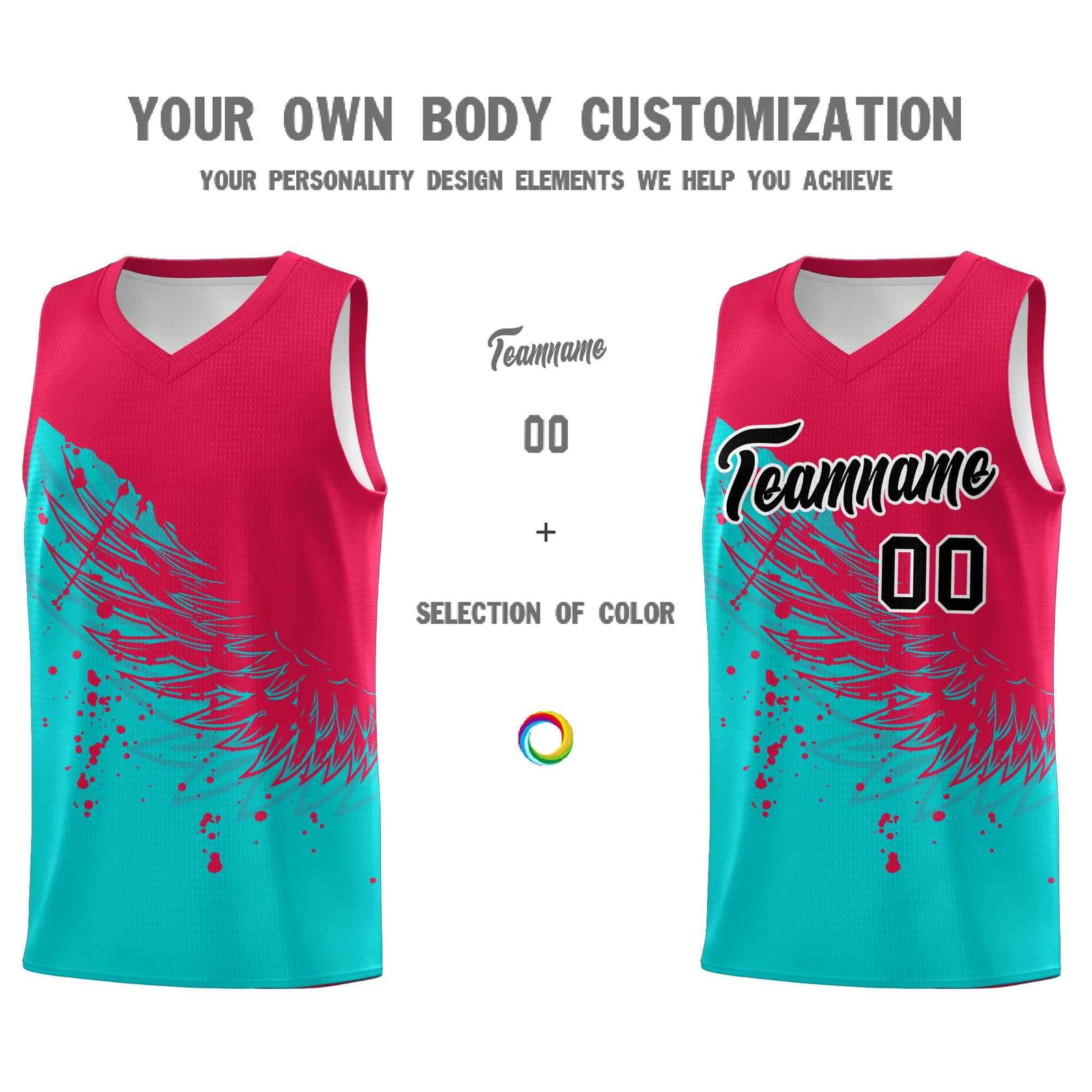 Custom Aqua Red Wing Pattern Sports Uniform Basketball Jersey