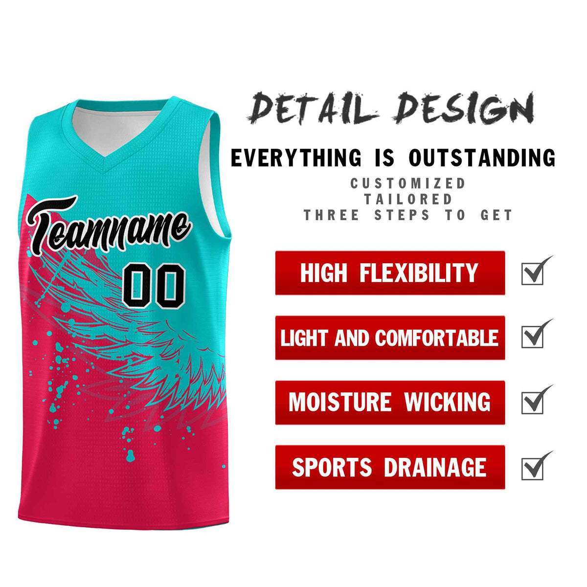 Custom Red Aqua Wing Pattern Sports Uniform Basketball Jersey