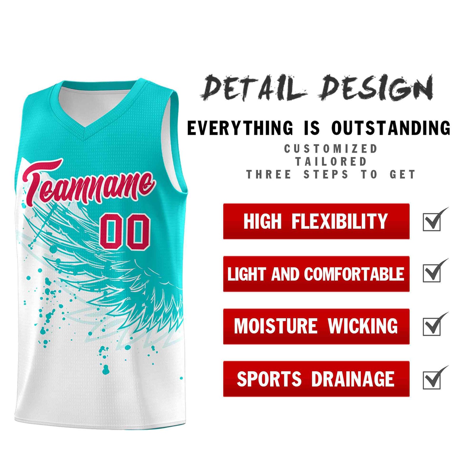 Custom White Aqua Wing Pattern Sports Uniform Basketball Jersey