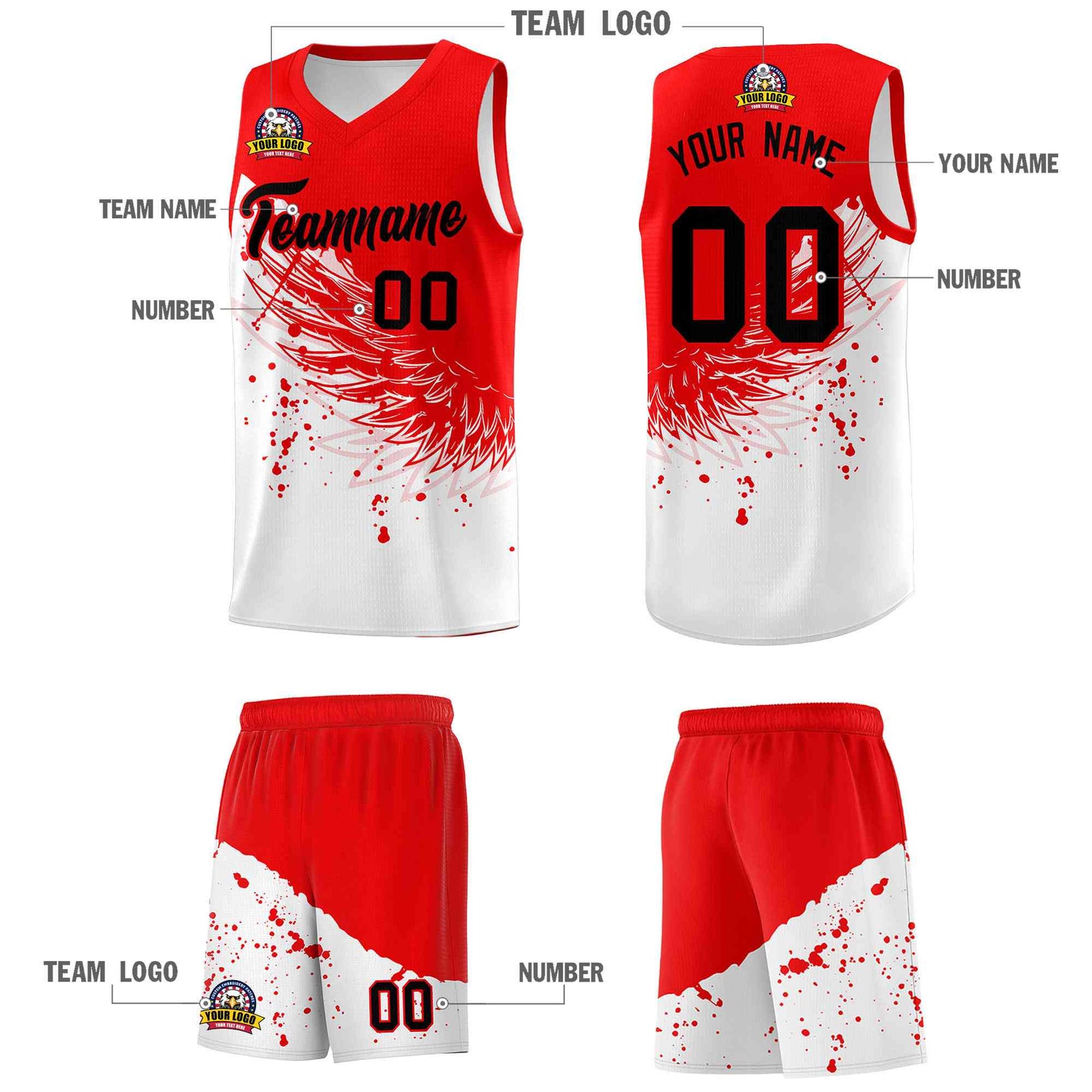 Custom White Light Red Wing Pattern Sports Uniform Basketball Jersey