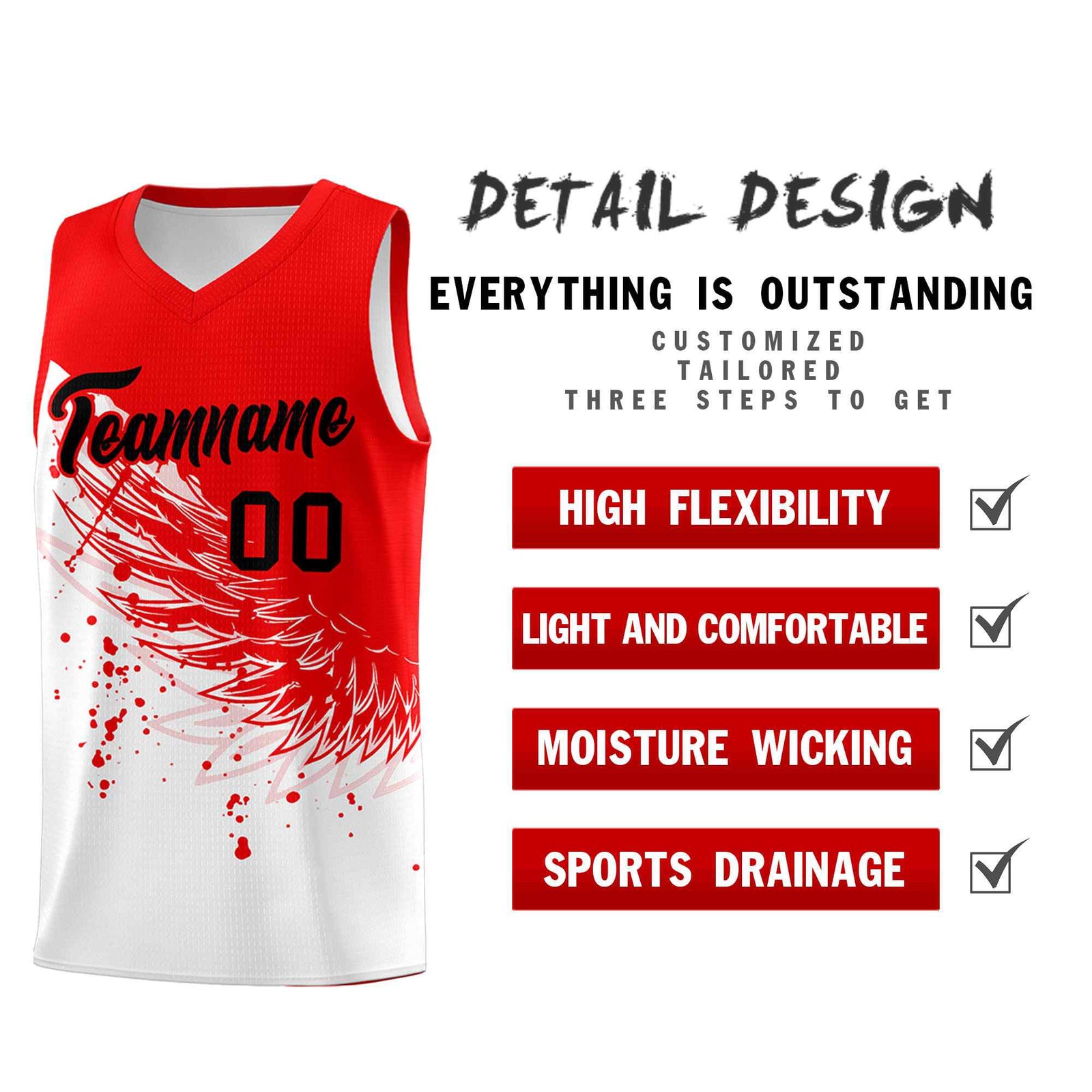 Custom White Light Red Wing Pattern Sports Uniform Basketball Jersey