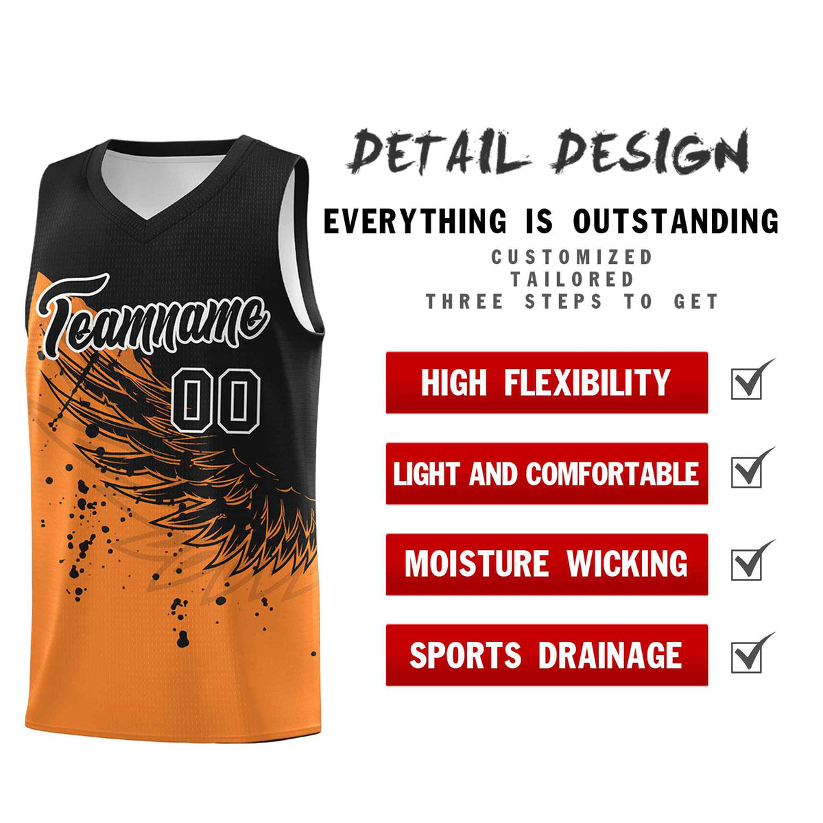 Custom Gold Orange Black Wing Pattern Sports Uniform Basketball Jersey