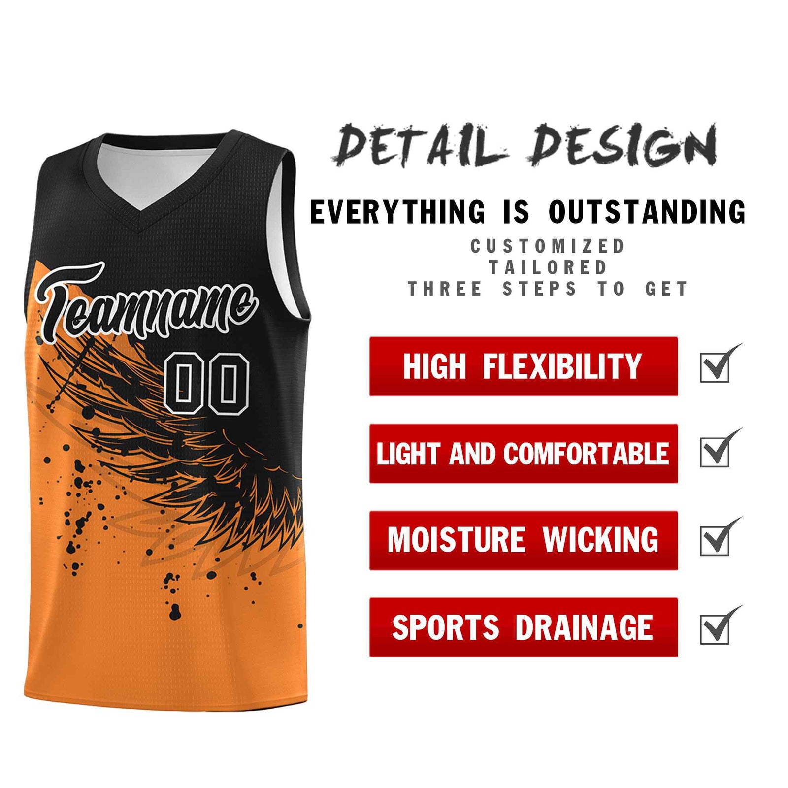 Custom Gold Orange Black Wing Pattern Sports Uniform Basketball Jersey