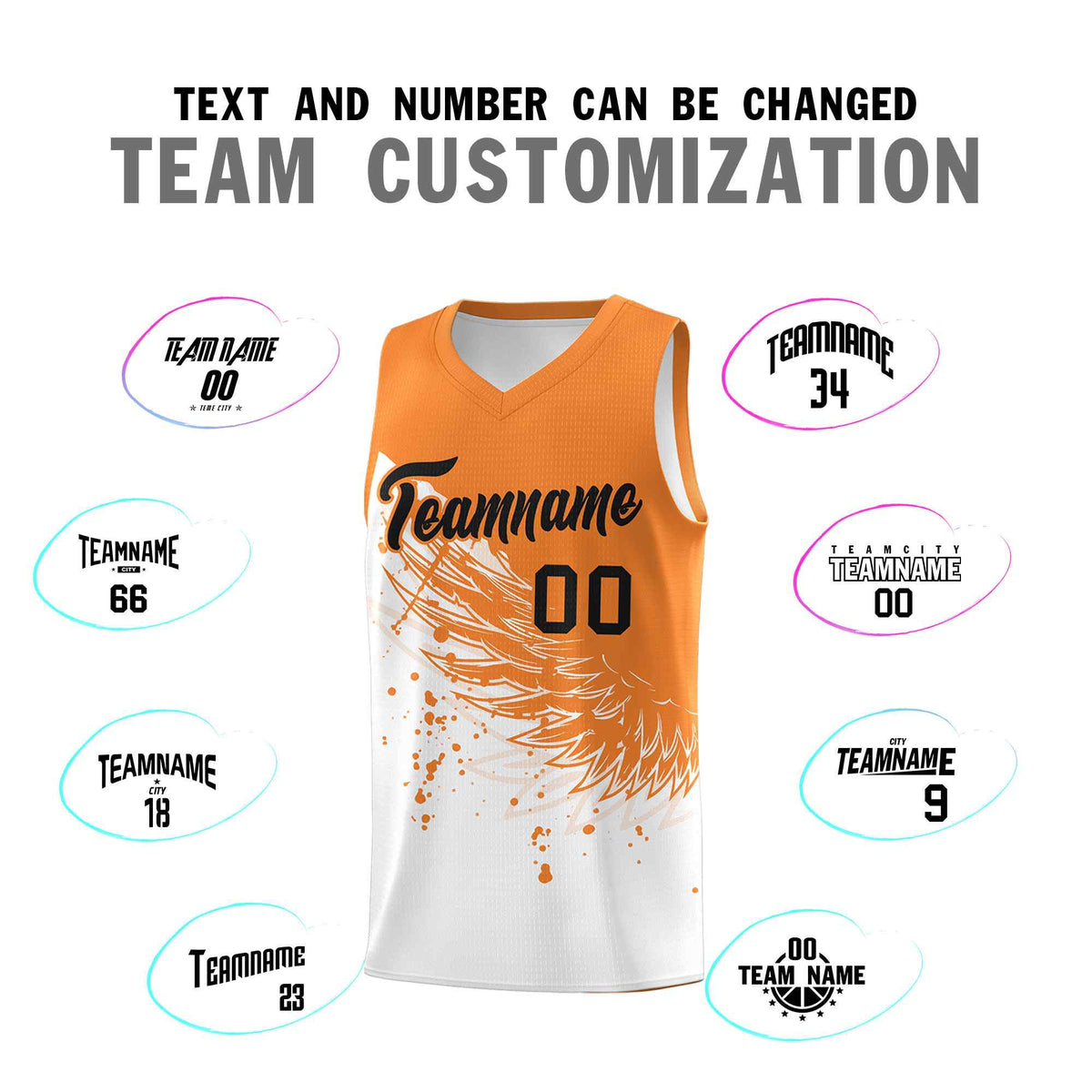 Custom White Gold Orange Wing Pattern Sports Uniform Basketball Jersey