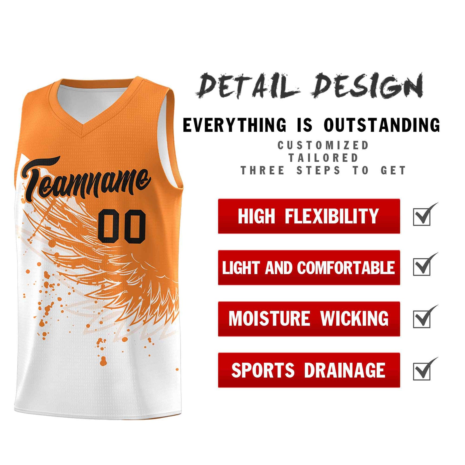 Custom White Gold Orange Wing Pattern Sports Uniform Basketball Jersey