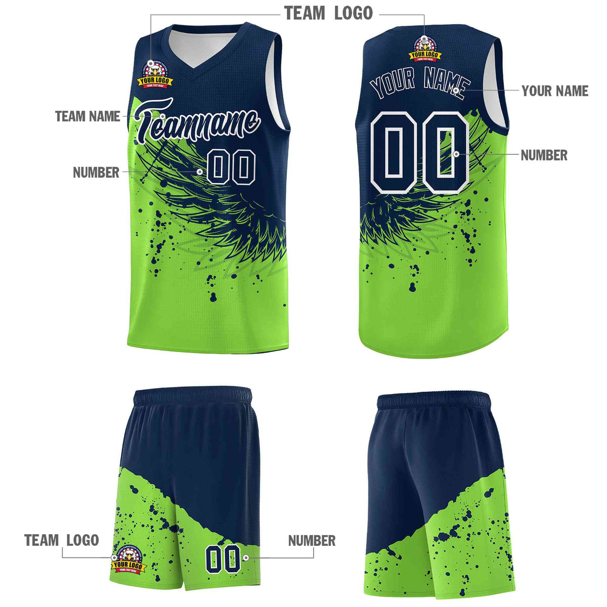 Custom Fluorescent Green Navy Wing Pattern Sports Uniform Basketball Jersey