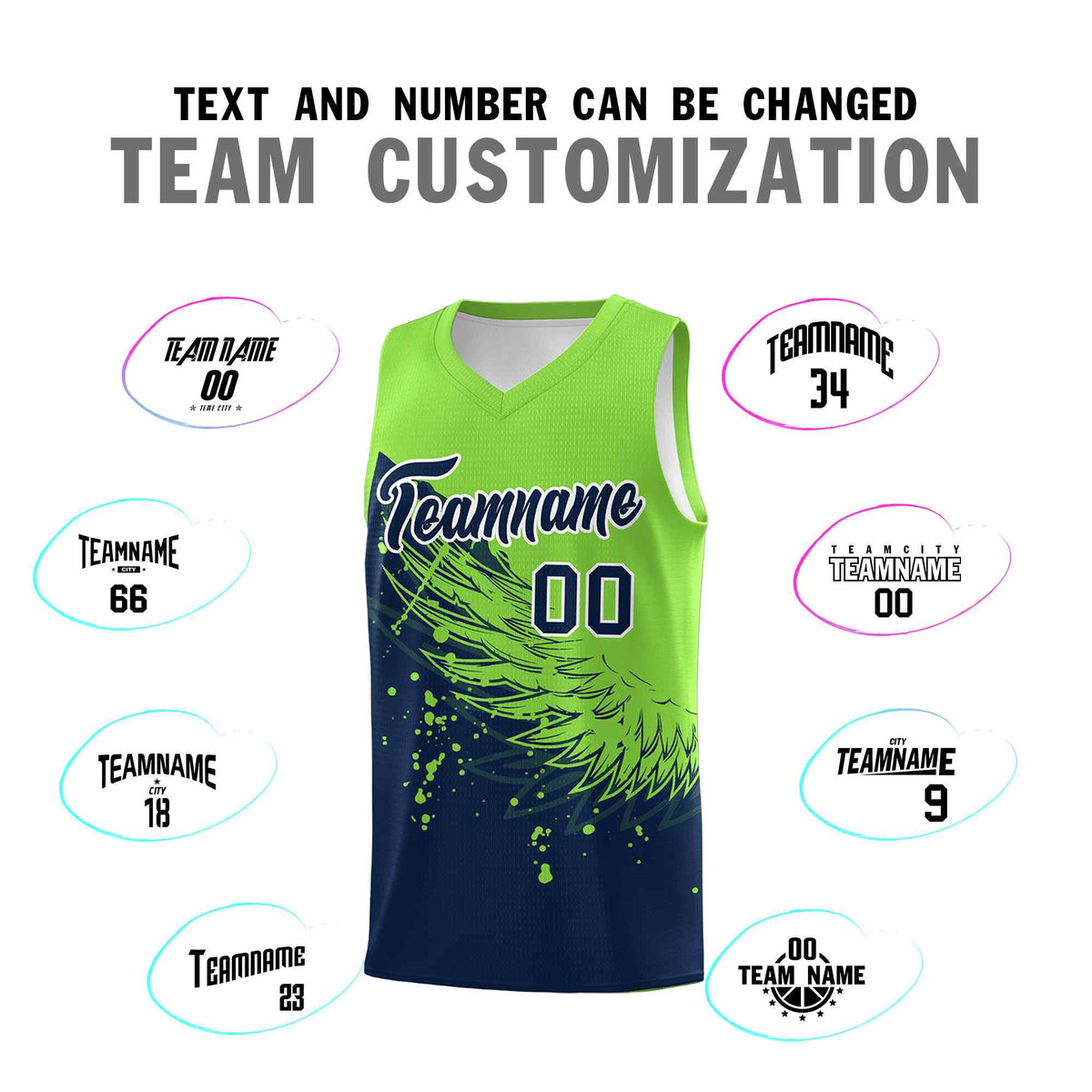 Custom Navy Fluorescent Green Wing Pattern Sports Uniform Basketball Jersey