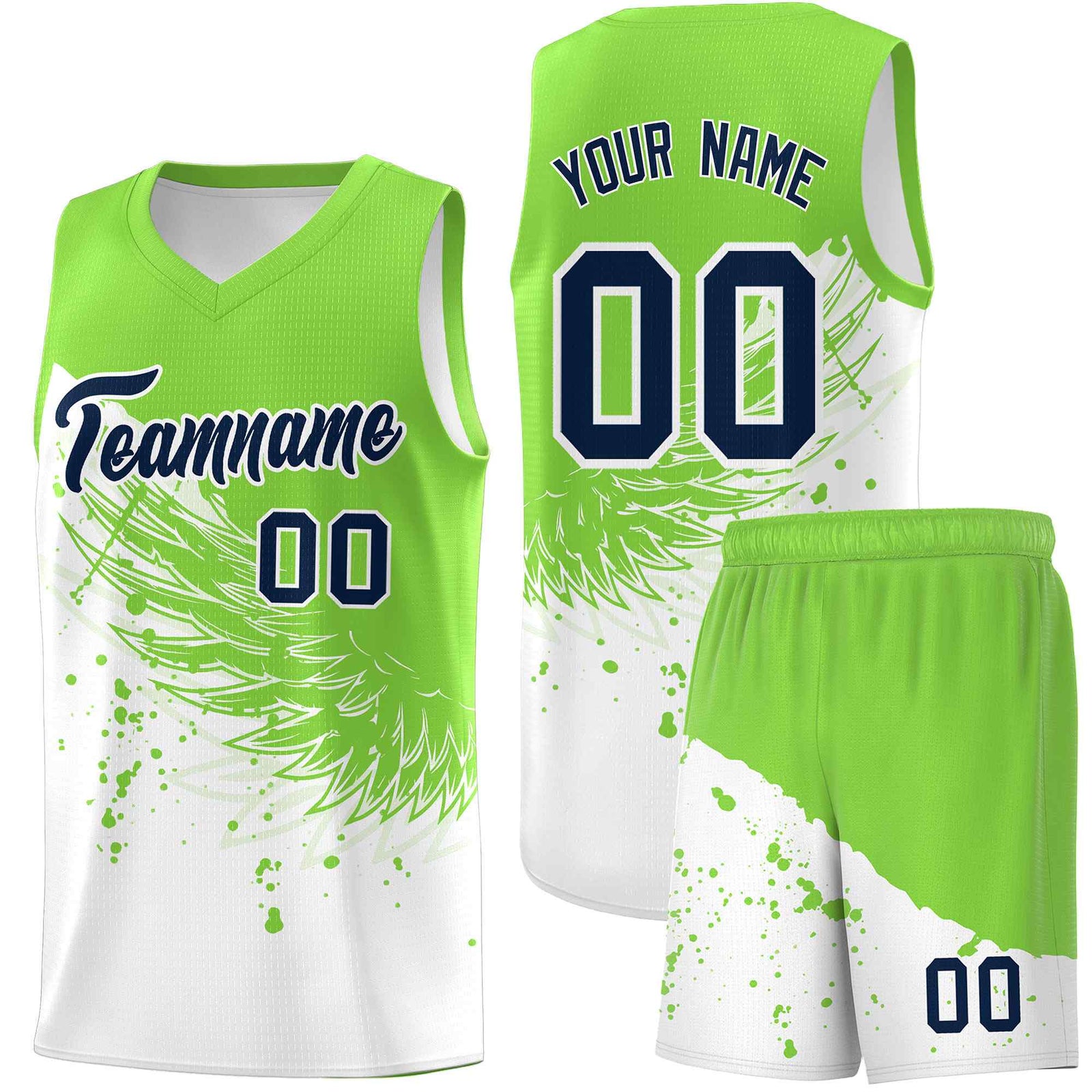 Custom White Fluorescent Green Wing Pattern Sports Uniform Basketball Jersey