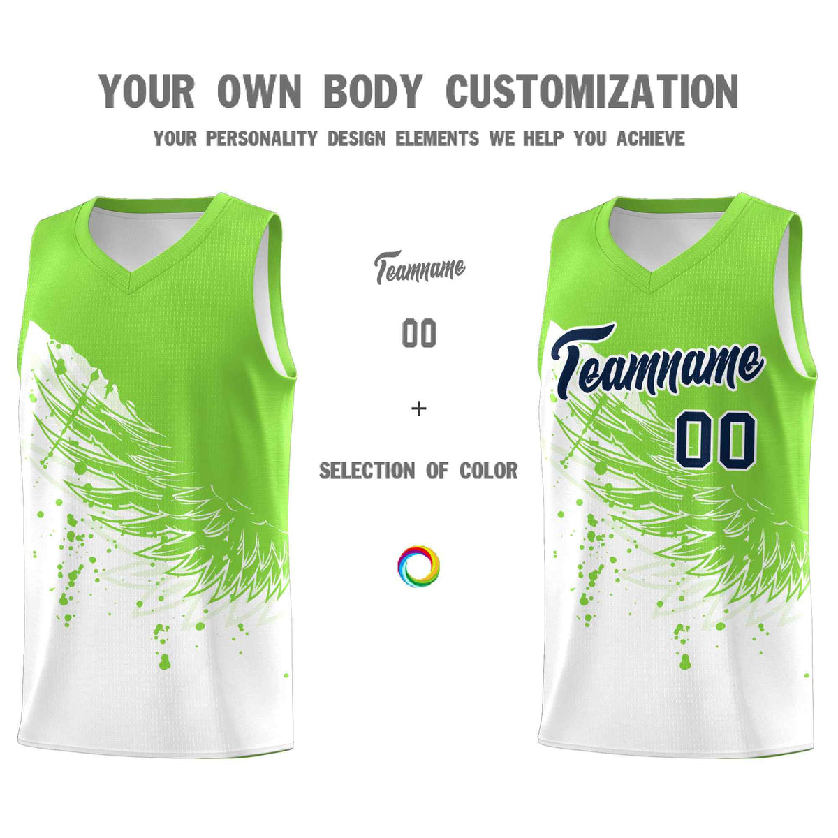 Custom White Fluorescent Green Wing Pattern Sports Uniform Basketball Jersey