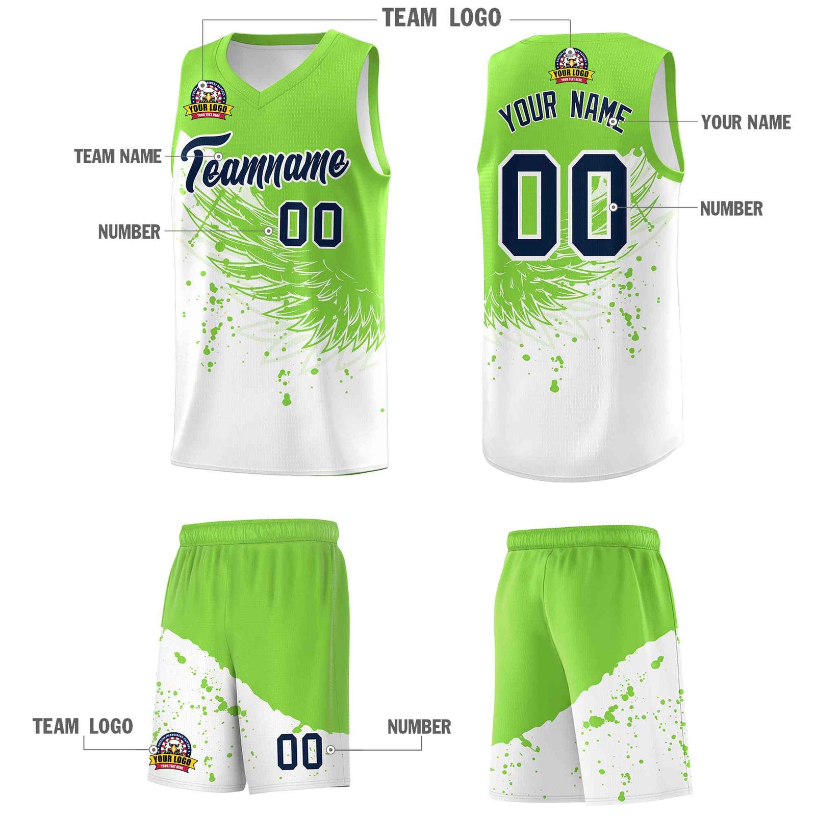 Custom White Fluorescent Green Wing Pattern Sports Uniform Basketball Jersey