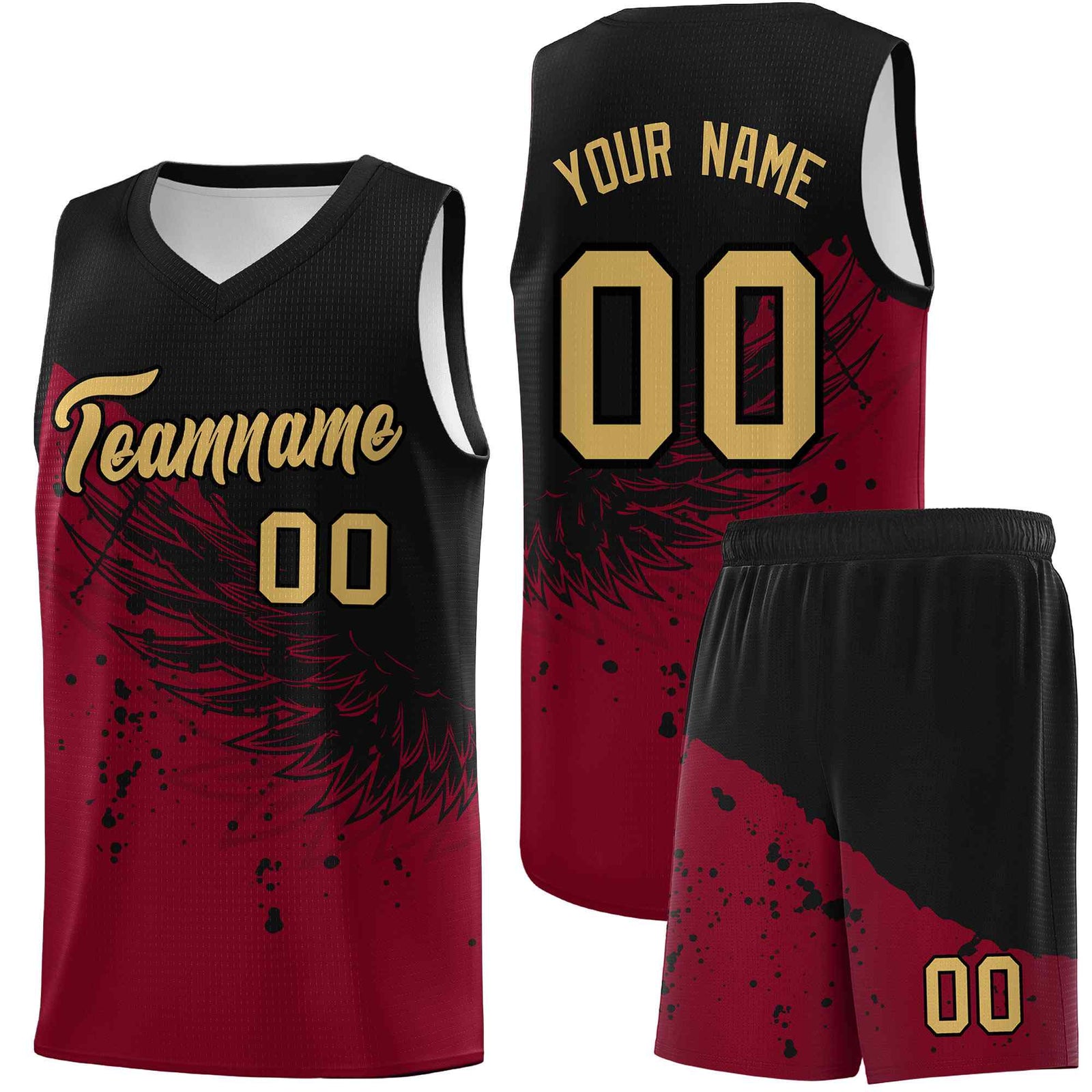 Custom Crimson Black Wing Pattern Sports Uniform Basketball Jersey