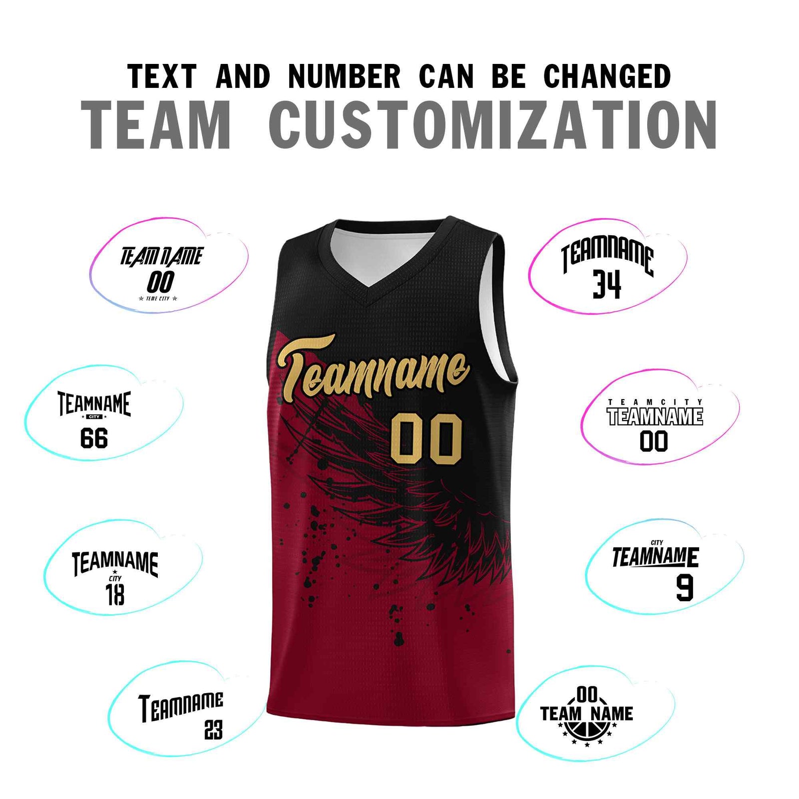 Custom Crimson Black Wing Pattern Sports Uniform Basketball Jersey
