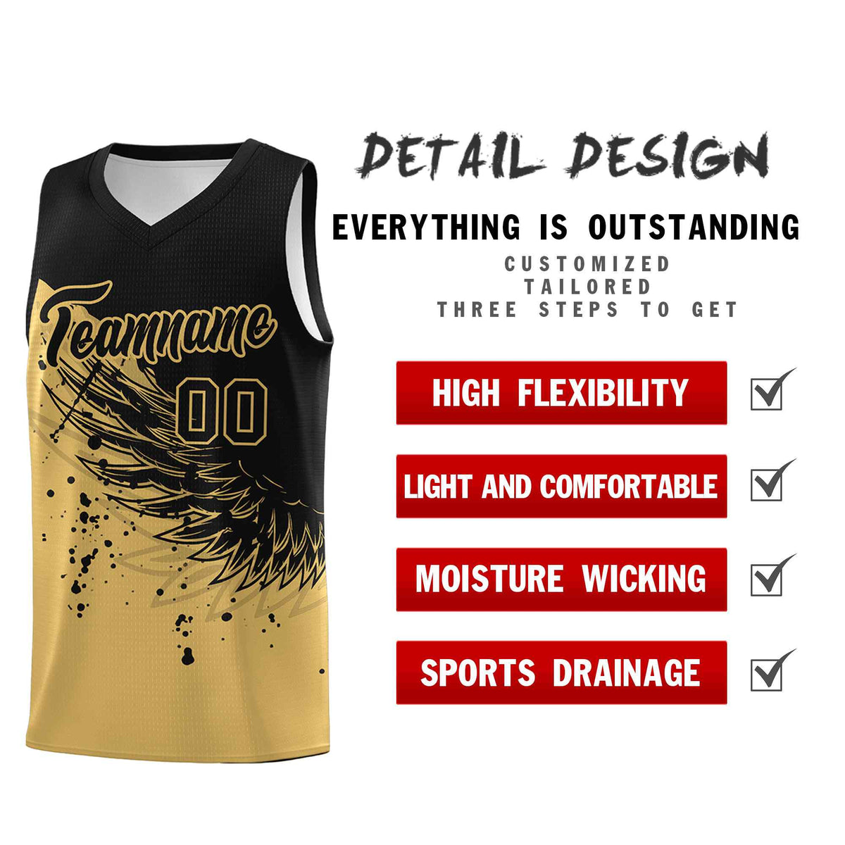 Custom Old Gold Black Wing Pattern Sports Uniform Basketball Jersey