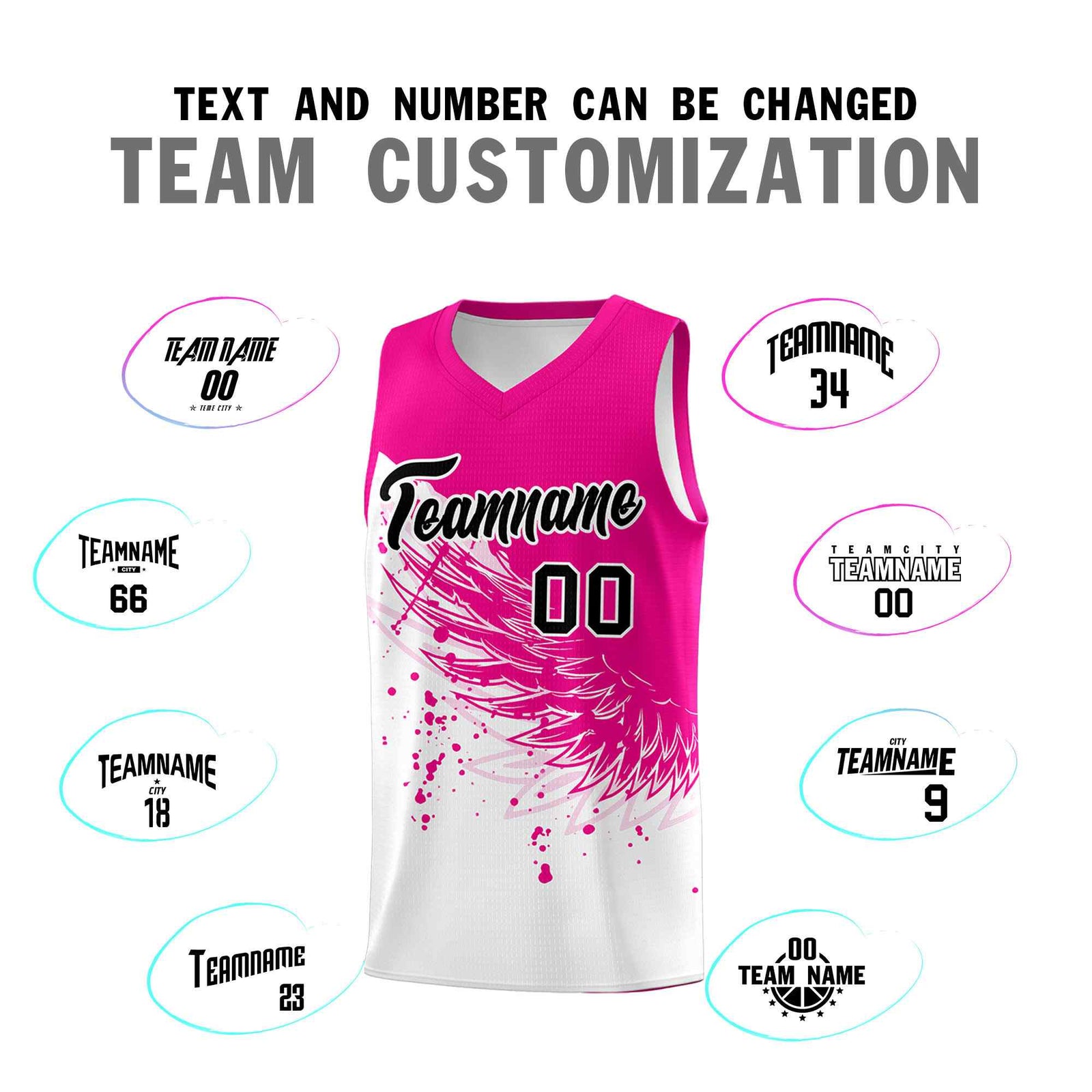 Custom White Pink Wing Pattern Sports Uniform Basketball Jersey